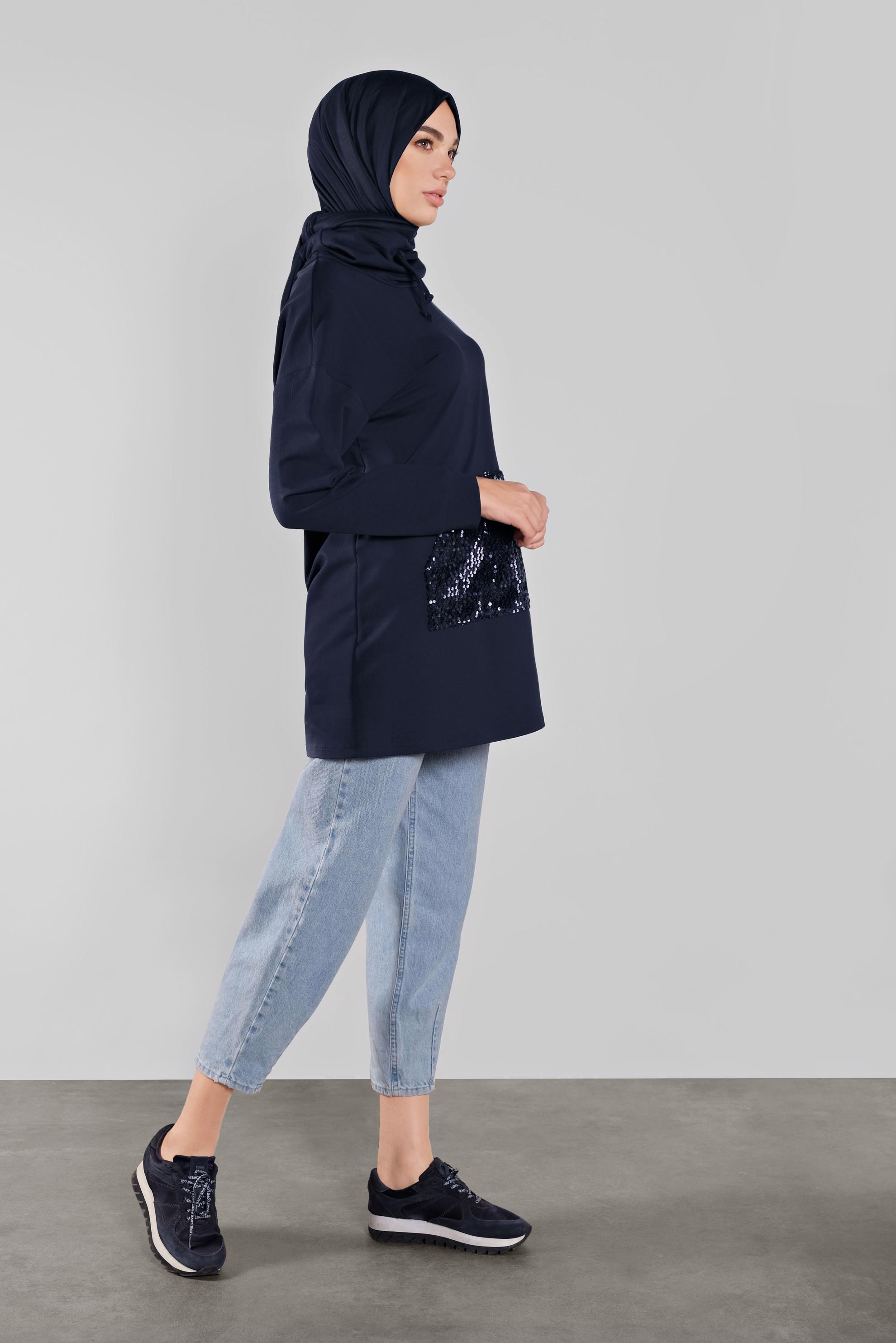 Tesettür giyim LACİVERT BOĞAZLI  PULLU EŞOFMAN TUNİK 41278 