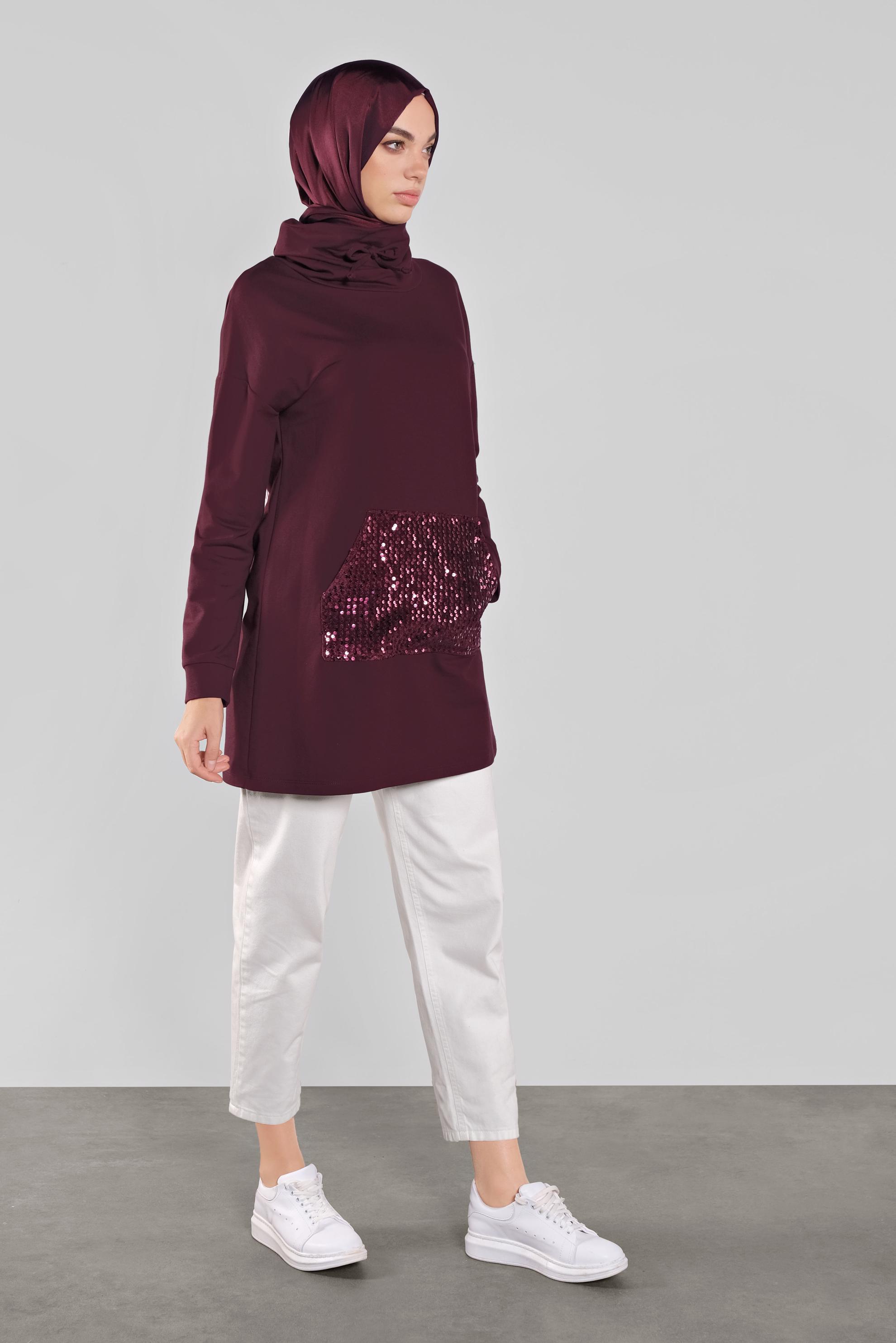 Tesettür giyim MÜRDÜM BOĞAZLI  PULLU EŞOFMAN TUNİK 41278 