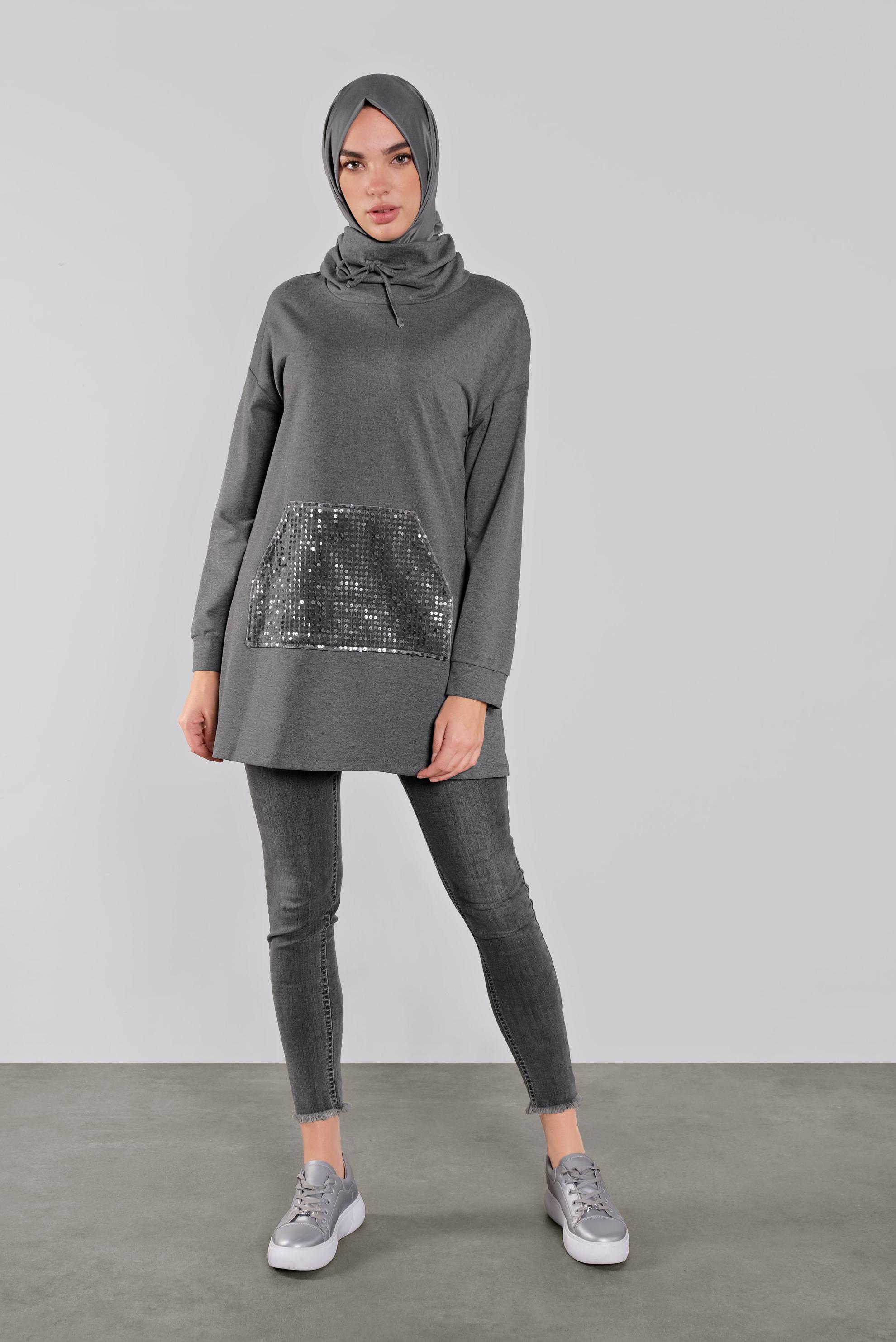 Tesettür giyim GRİ BOĞAZLI  PULLU EŞOFMAN TUNİK 41278 