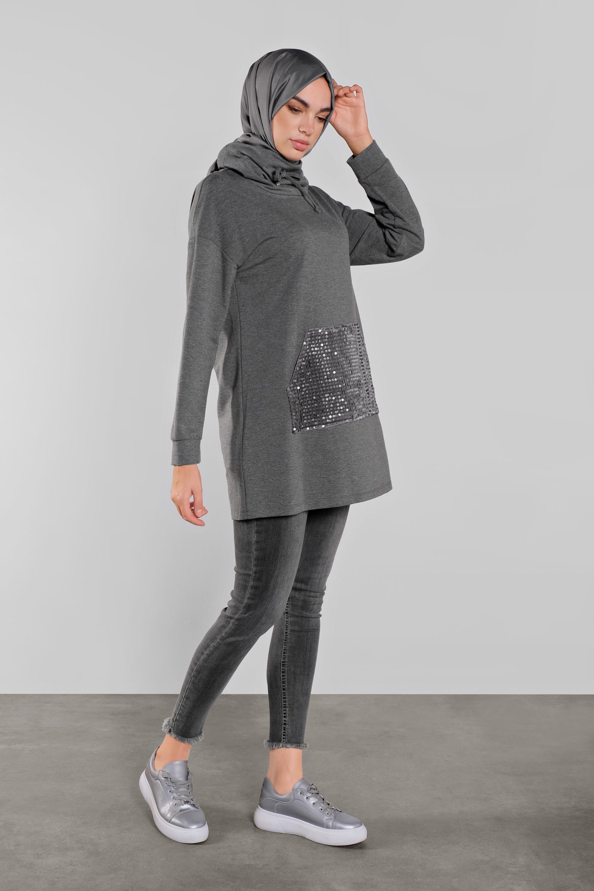 Tesettür giyim GRİ BOĞAZLI  PULLU EŞOFMAN TUNİK 41278 