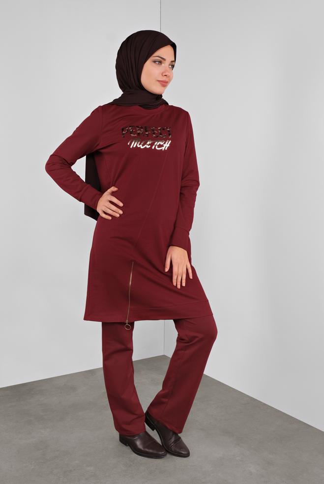 Vêtements hijab ROUGE BORDEAUX PANTALON DE JOGGING EN COTON À TAILLE-NOUÉE 70145  - ALVİNA