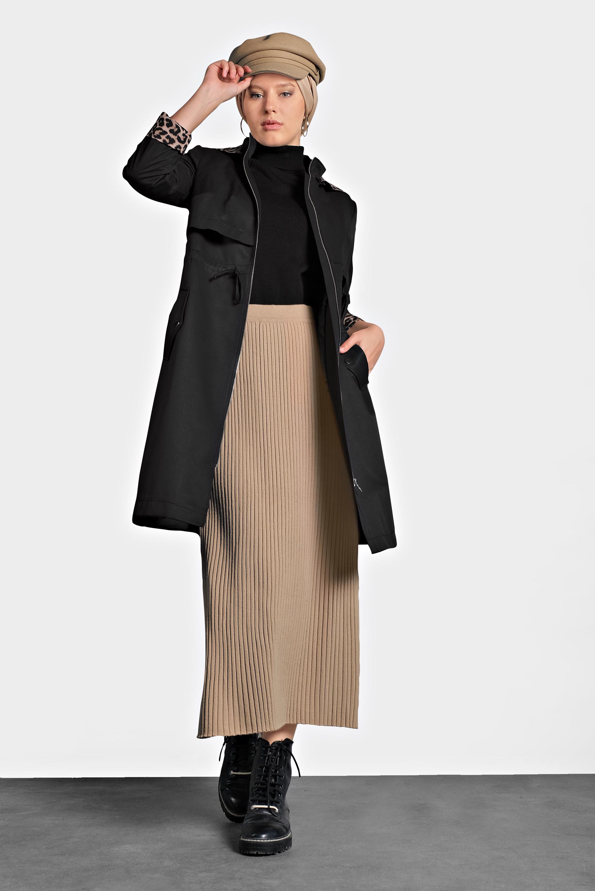 Tesettür giyim KAHVE BELİ LASTİKLİ FİTİLLİ TRİKO ETEK 60001