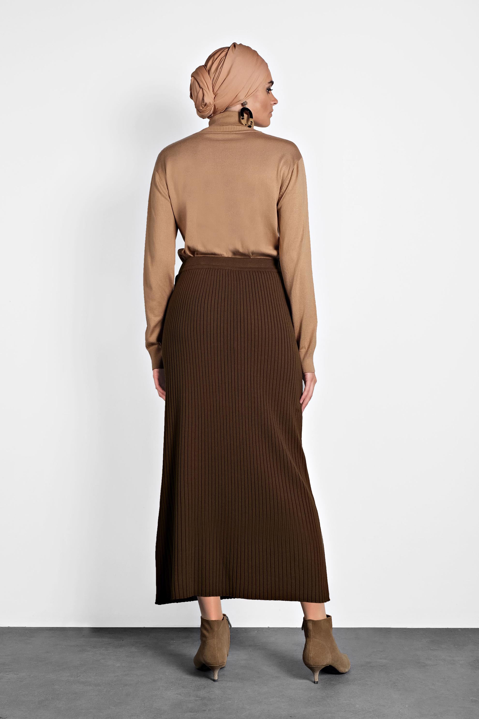 Tesettür giyim KAHVE BELİ LASTİKLİ FİTİLLİ TRİKO ETEK 60001