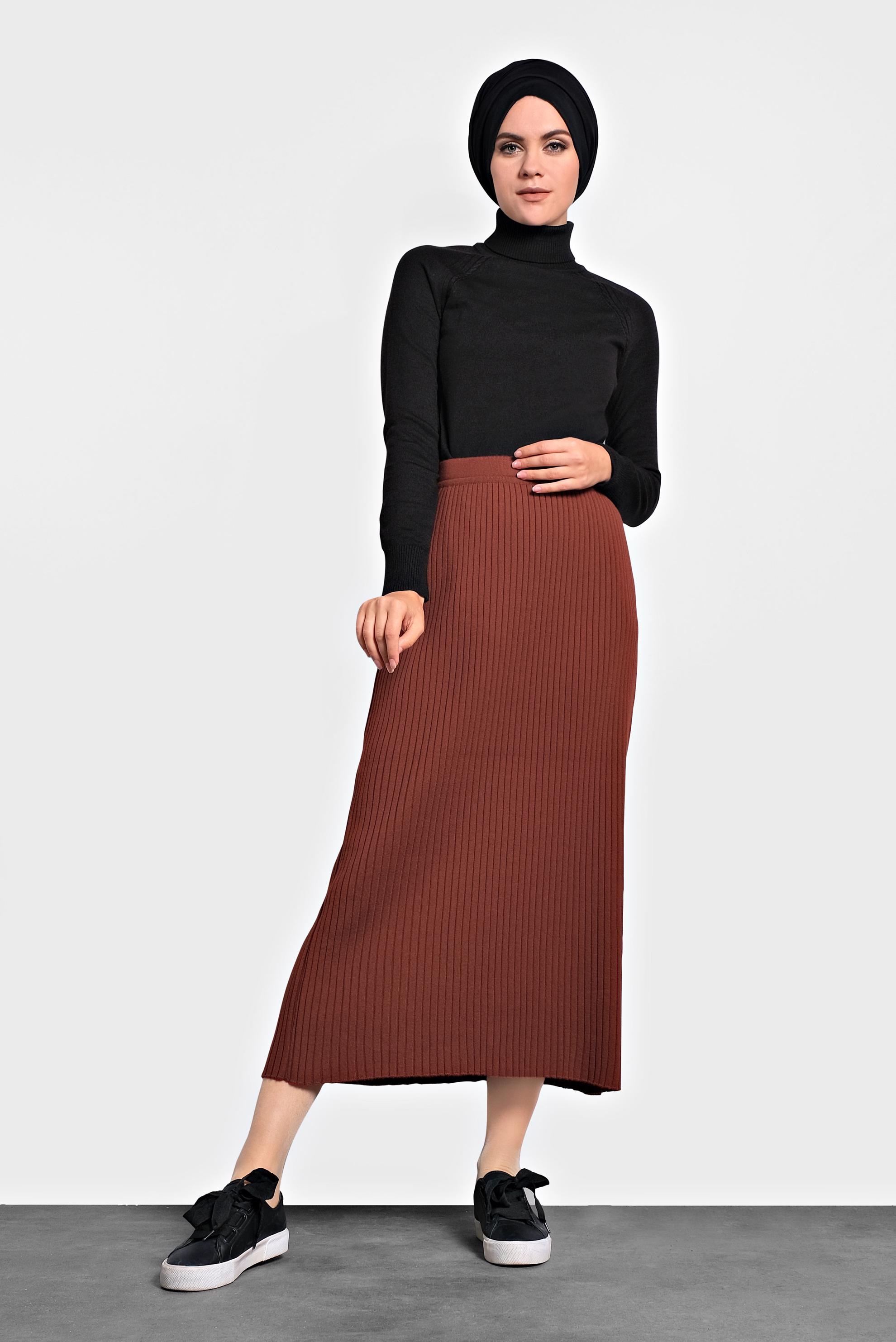 Tesettür giyim TURUNCU BELİ LASTİKLİ FİTİLLİ TRİKO ETEK 60001