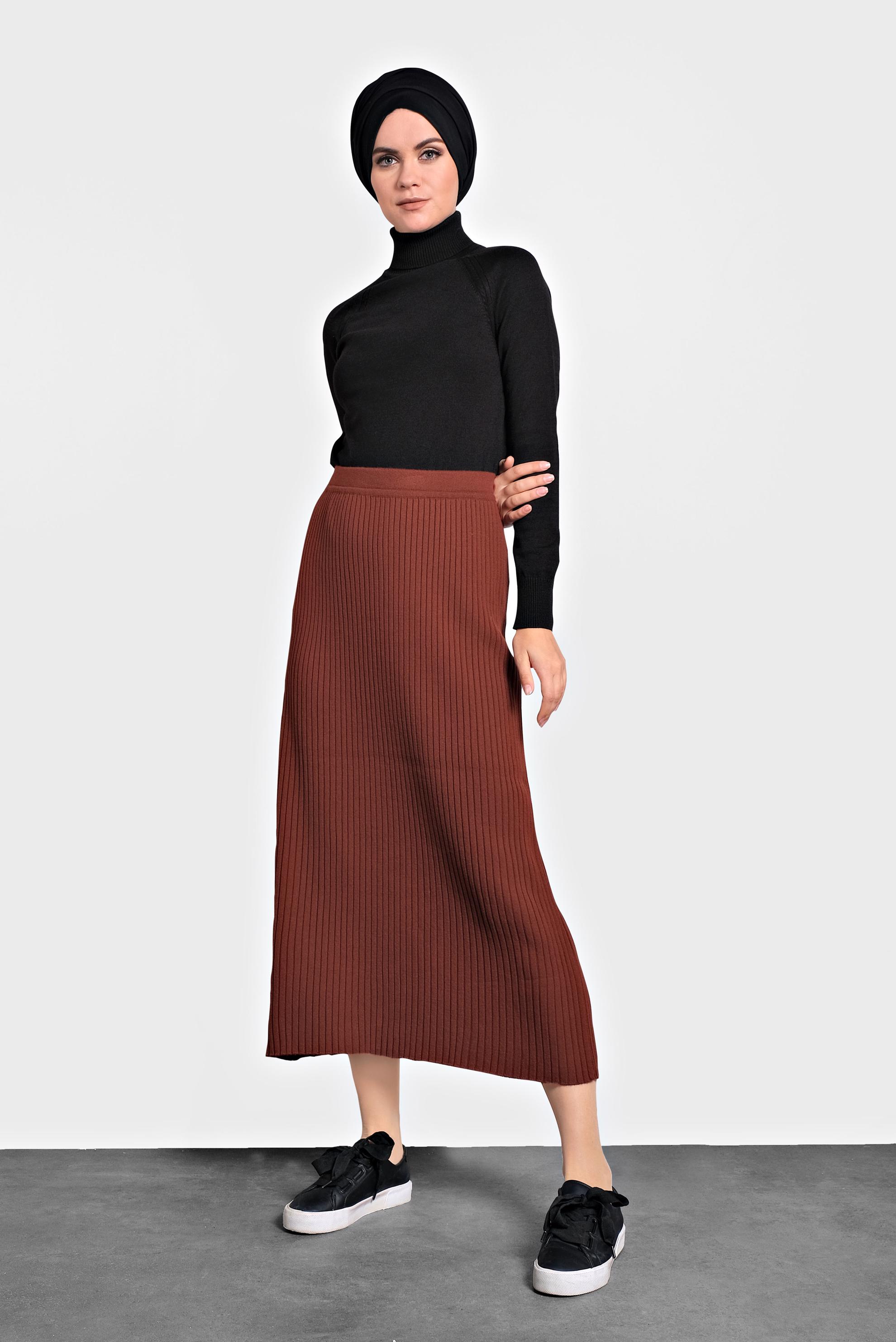 Tesettür giyim TURUNCU BELİ LASTİKLİ FİTİLLİ TRİKO ETEK 60001