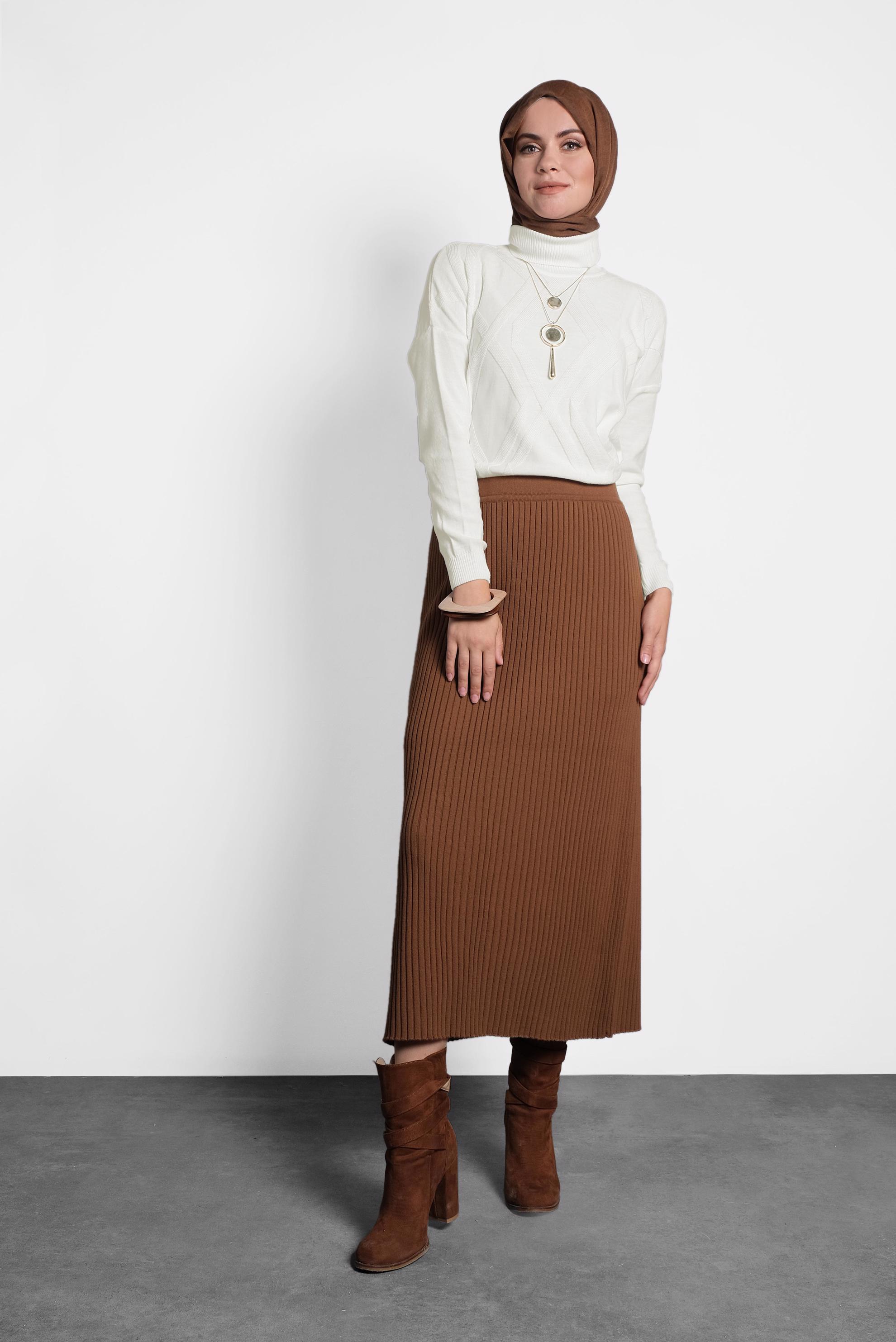 Tesettür giyim TABA BELİ LASTİKLİ FİTİLLİ TRİKO ETEK 60001