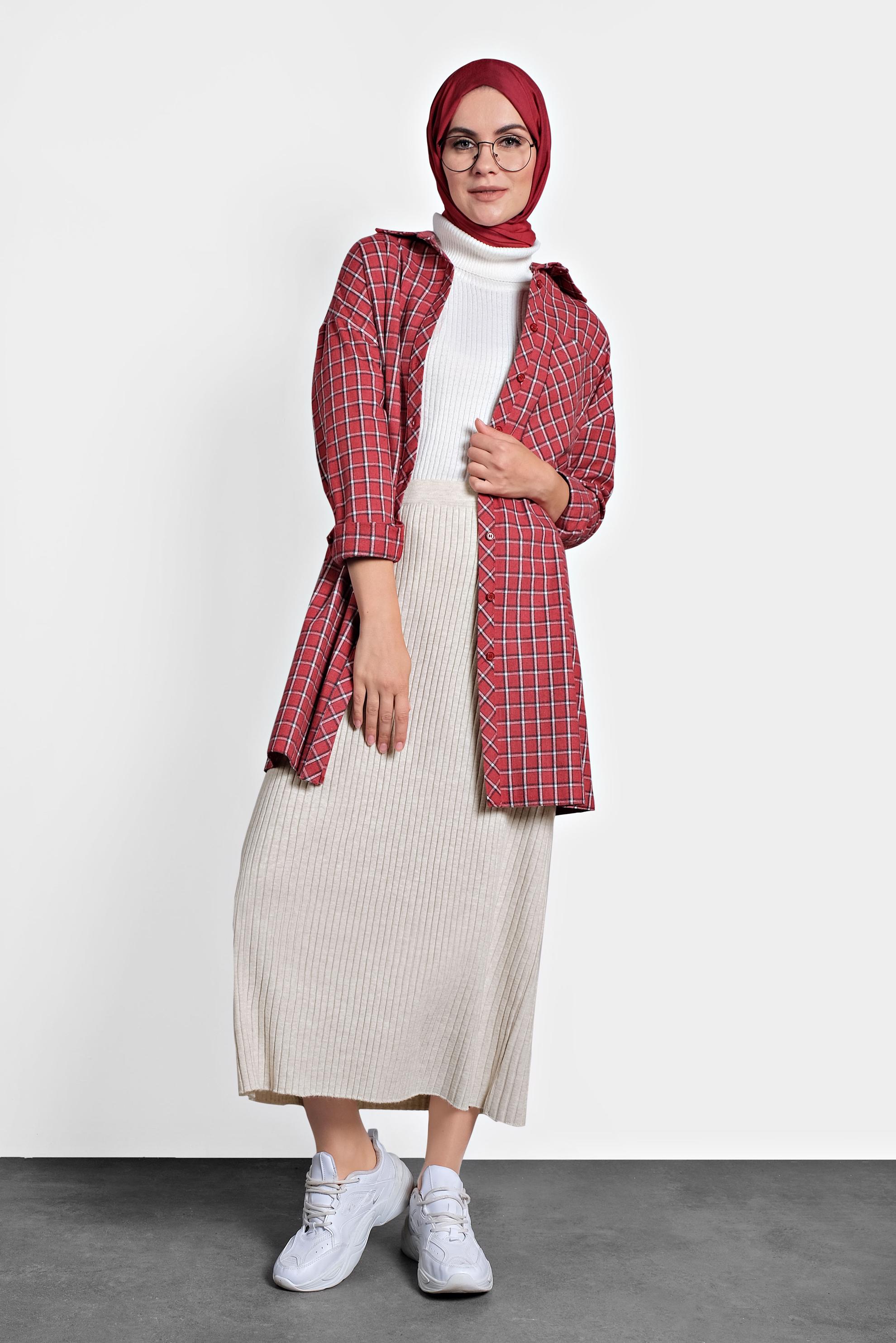 Tesettür giyim BEJ BELİ LASTİKLİ FİTİLLİ TRİKO ETEK 60001