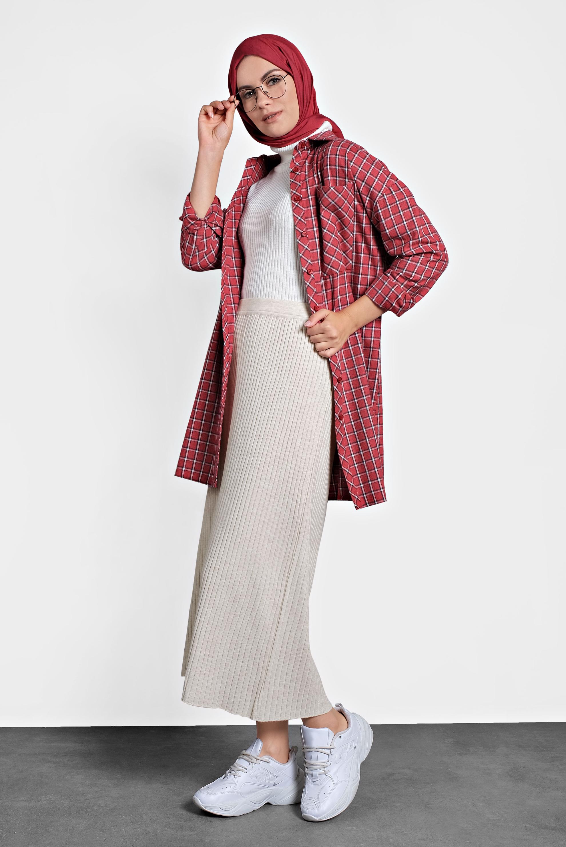 Tesettür giyim BEJ BELİ LASTİKLİ FİTİLLİ TRİKO ETEK 60001