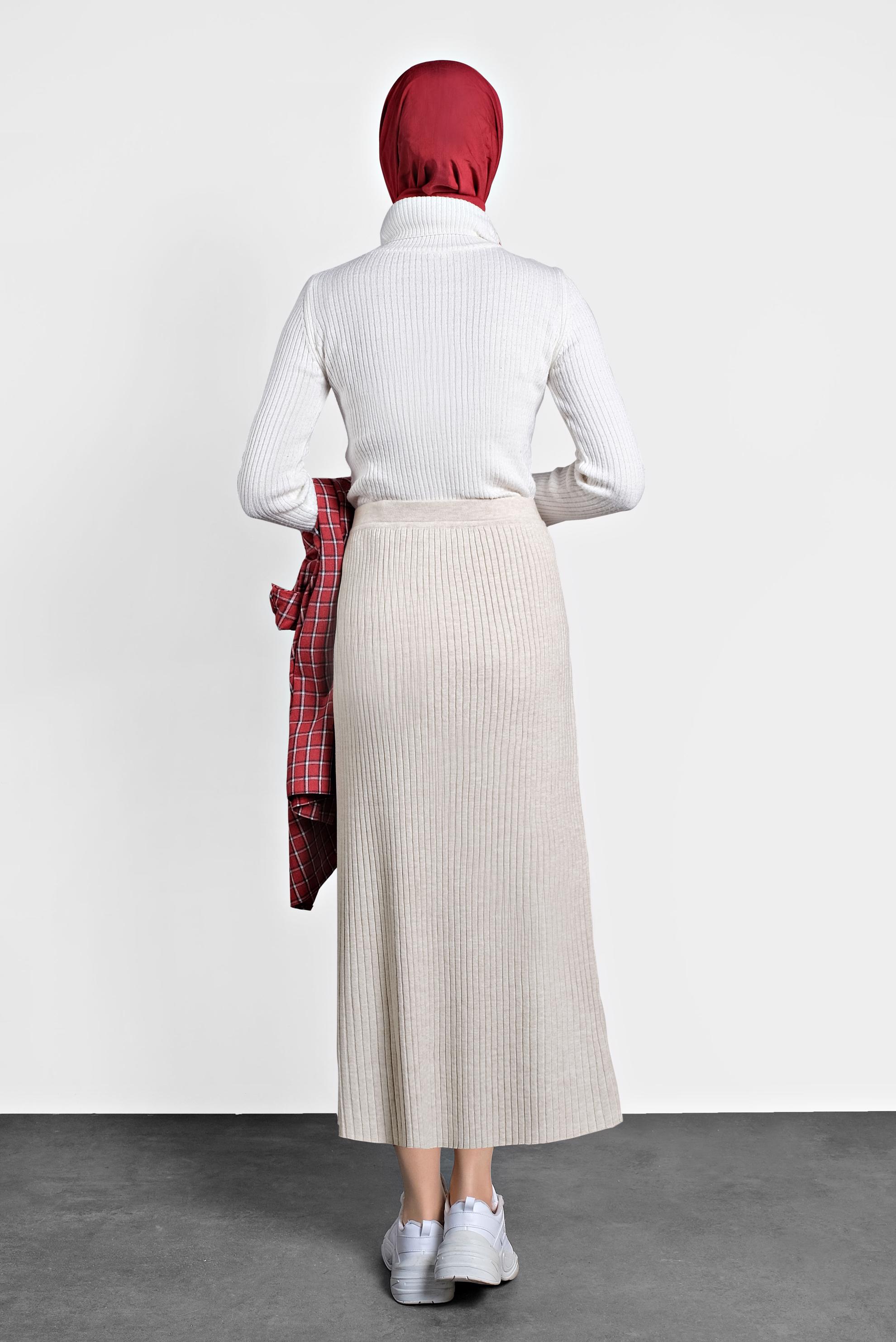 Tesettür giyim BEJ BELİ LASTİKLİ FİTİLLİ TRİKO ETEK 60001