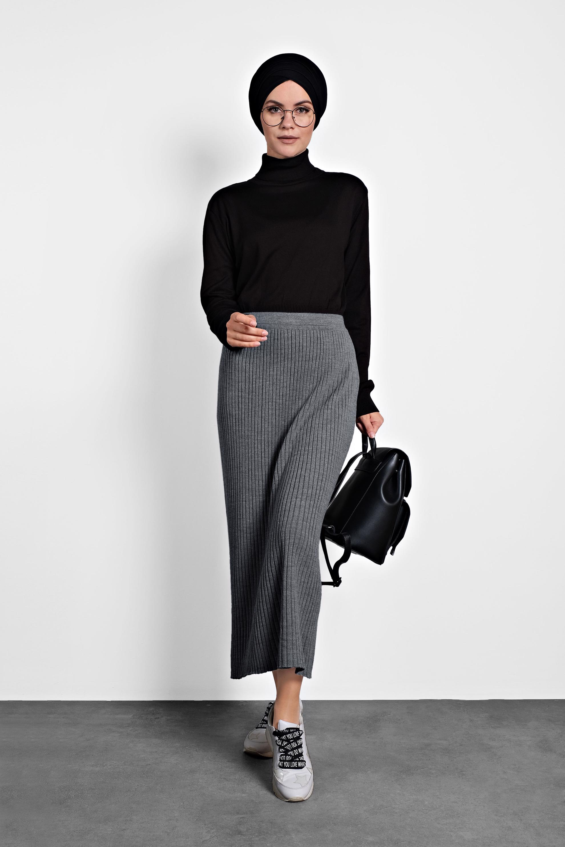 Tesettür giyim GRİ BELİ LASTİKLİ FİTİLLİ TRİKO ETEK 60001