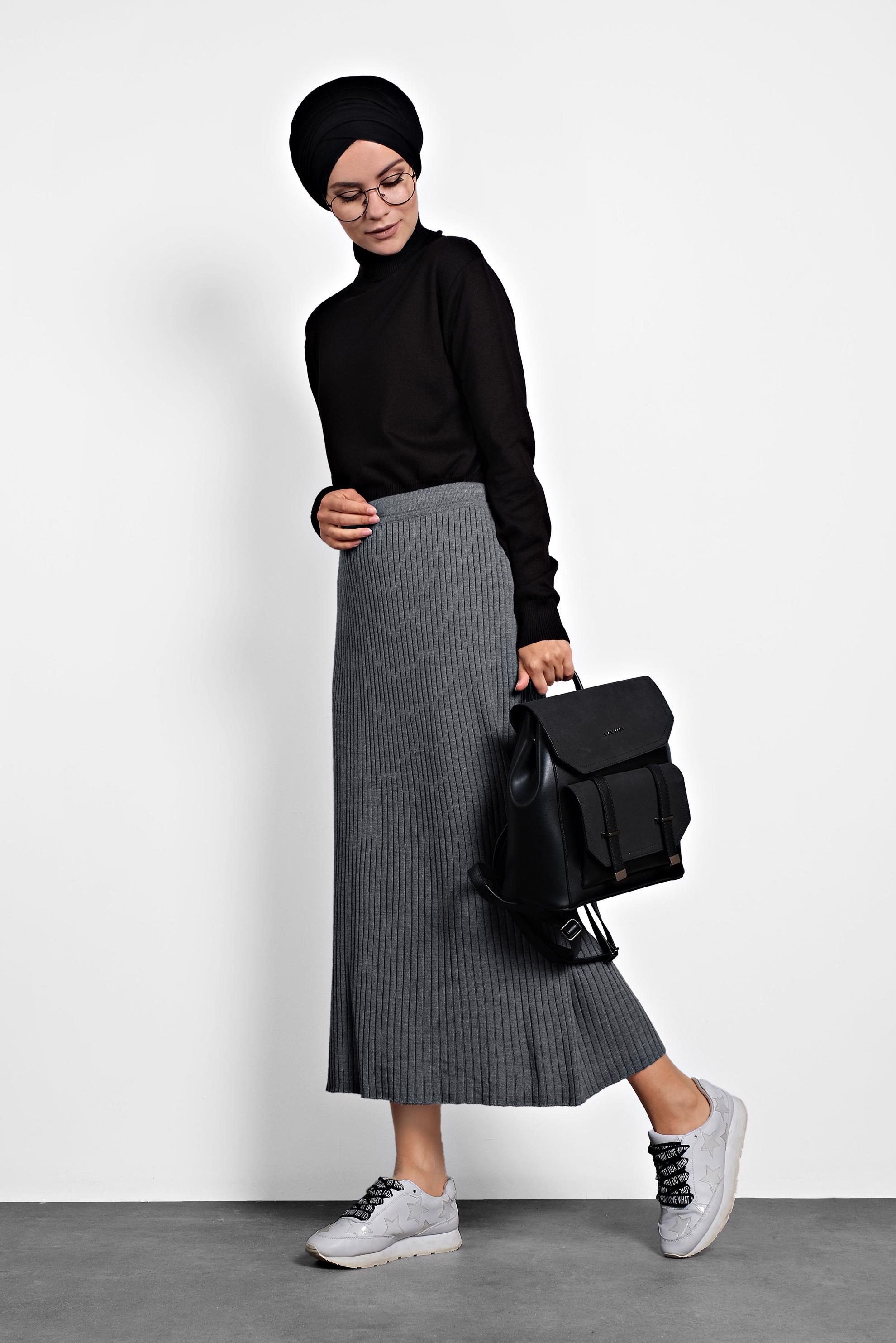 Tesettür giyim GRİ BELİ LASTİKLİ FİTİLLİ TRİKO ETEK 60001