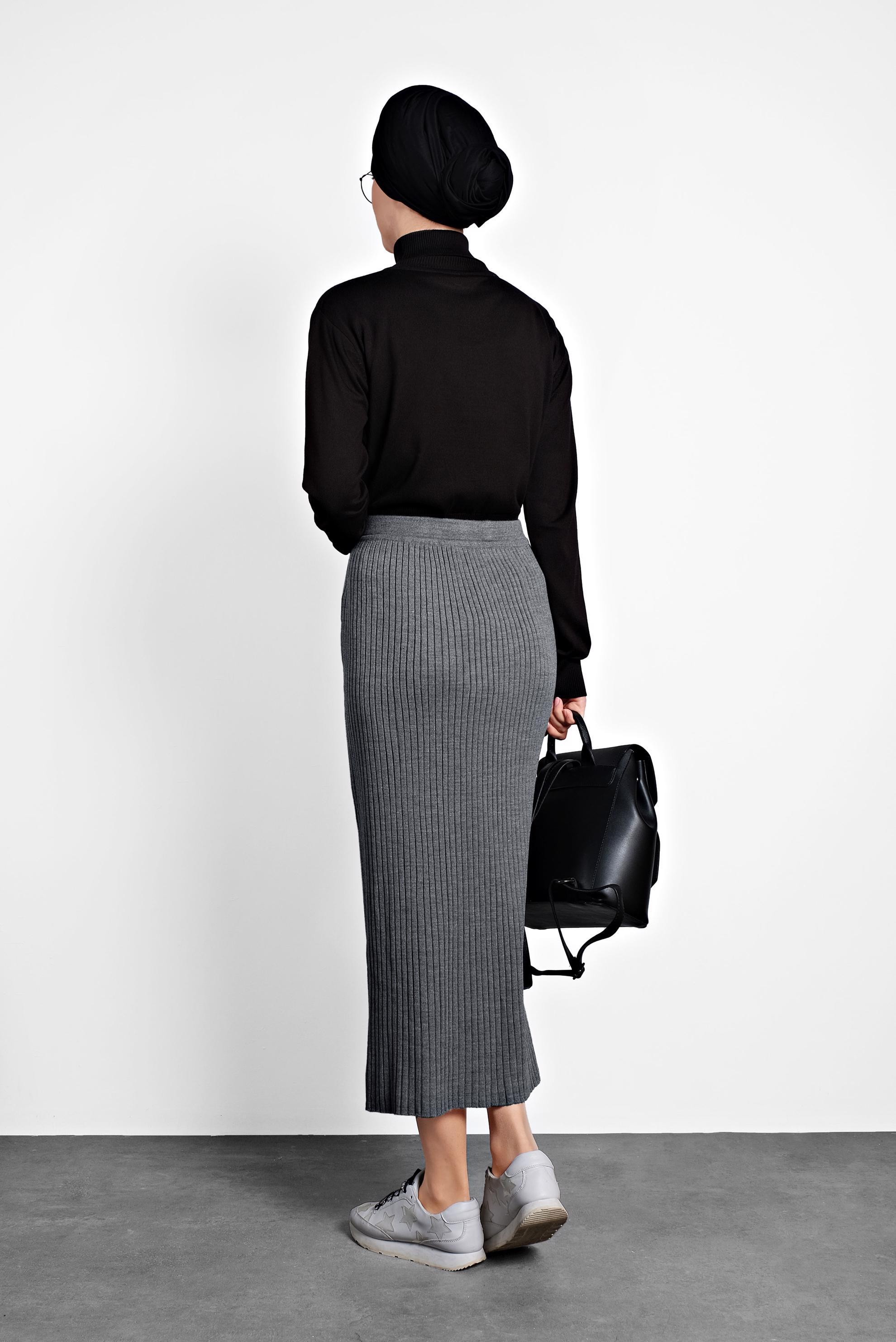 Tesettür giyim GRİ BELİ LASTİKLİ FİTİLLİ TRİKO ETEK 60001