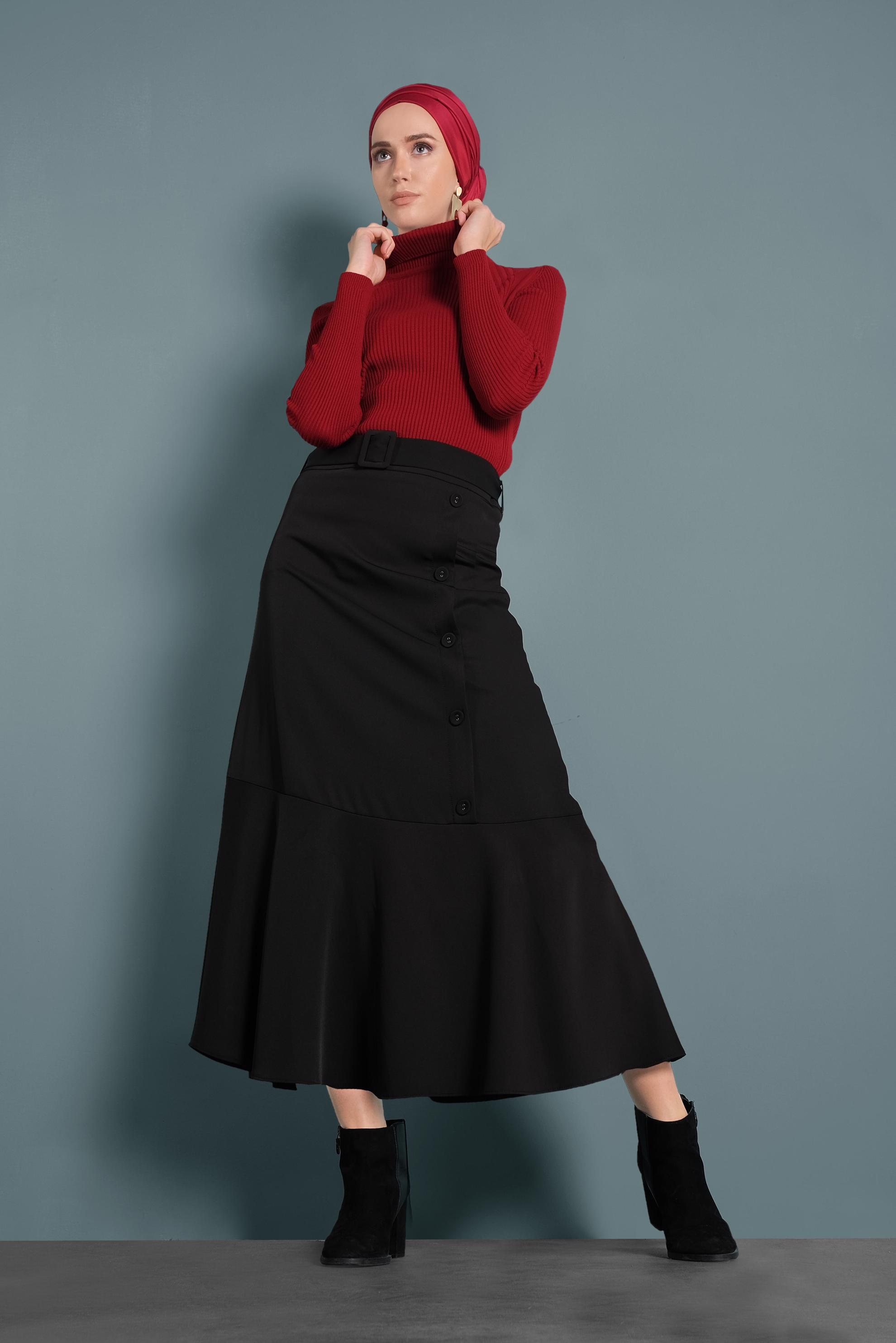 Tesettür giyim SİYAH ASİMETRİK KESİM VOLANLI KEMERLİ ETEK 60002