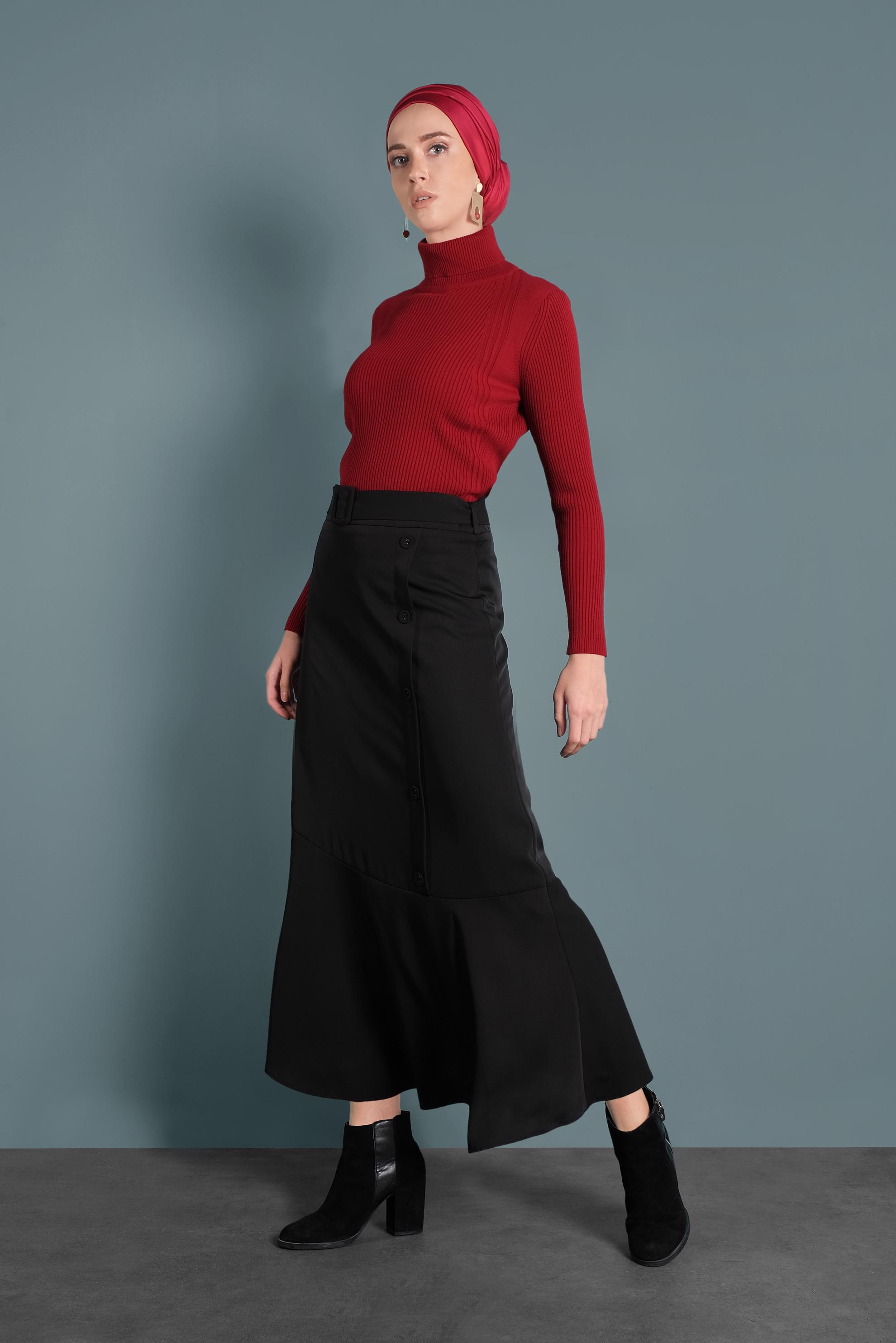 Tesettür giyim SİYAH ASİMETRİK KESİM VOLANLI KEMERLİ ETEK 60002