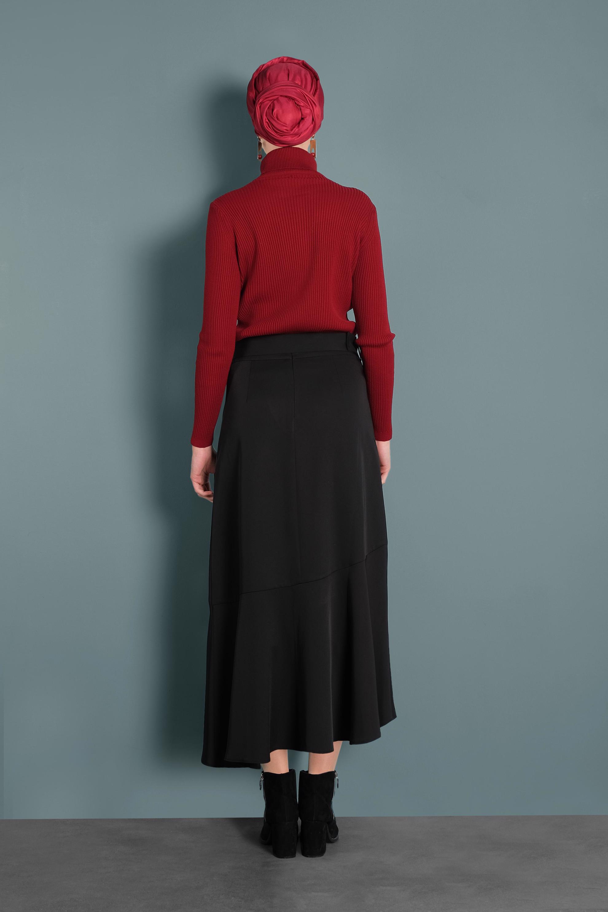 Tesettür giyim SİYAH ASİMETRİK KESİM VOLANLI KEMERLİ ETEK 60002