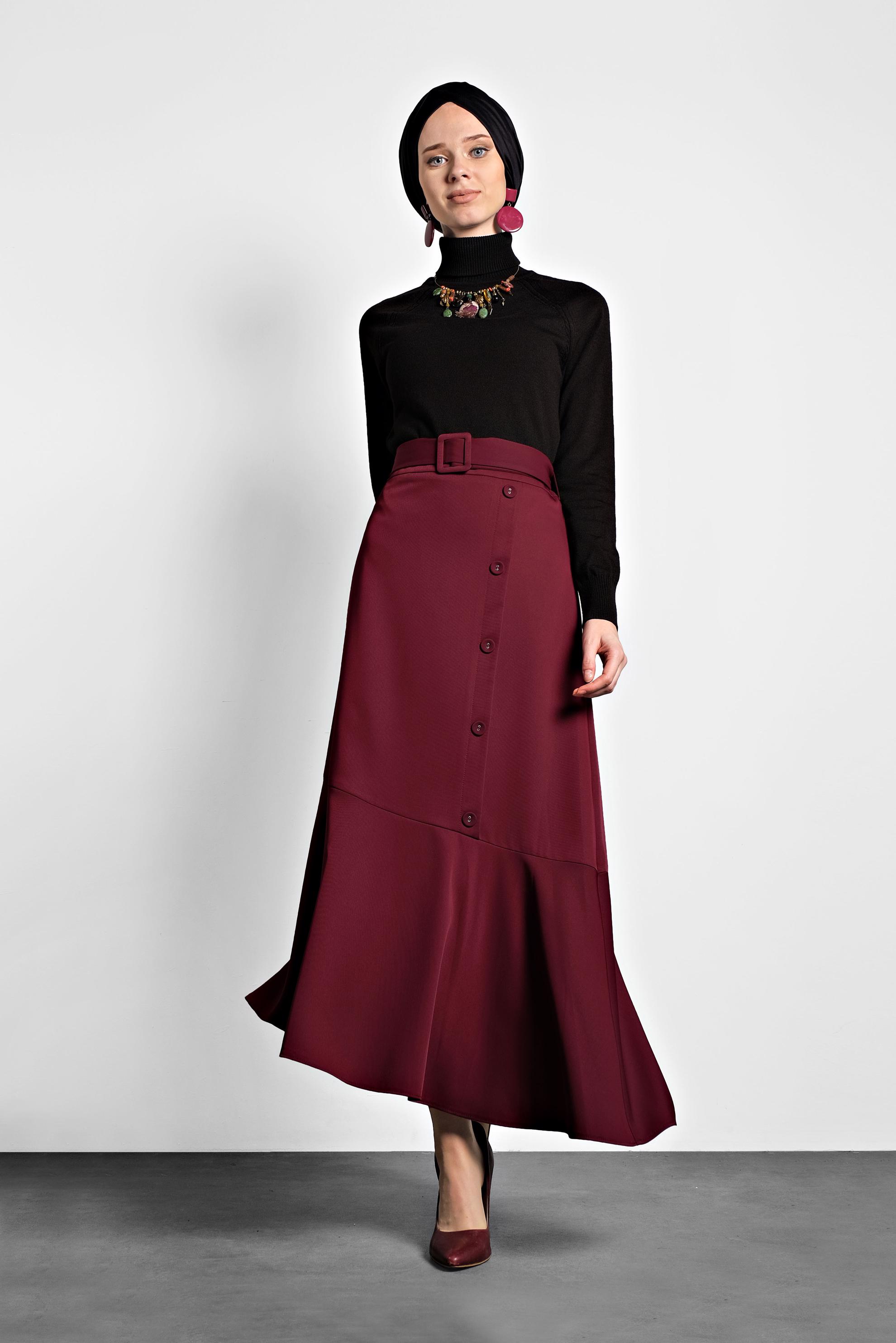 Tesettür giyim BORDO ASİMETRİK KESİM VOLANLI KEMERLİ ETEK 60002