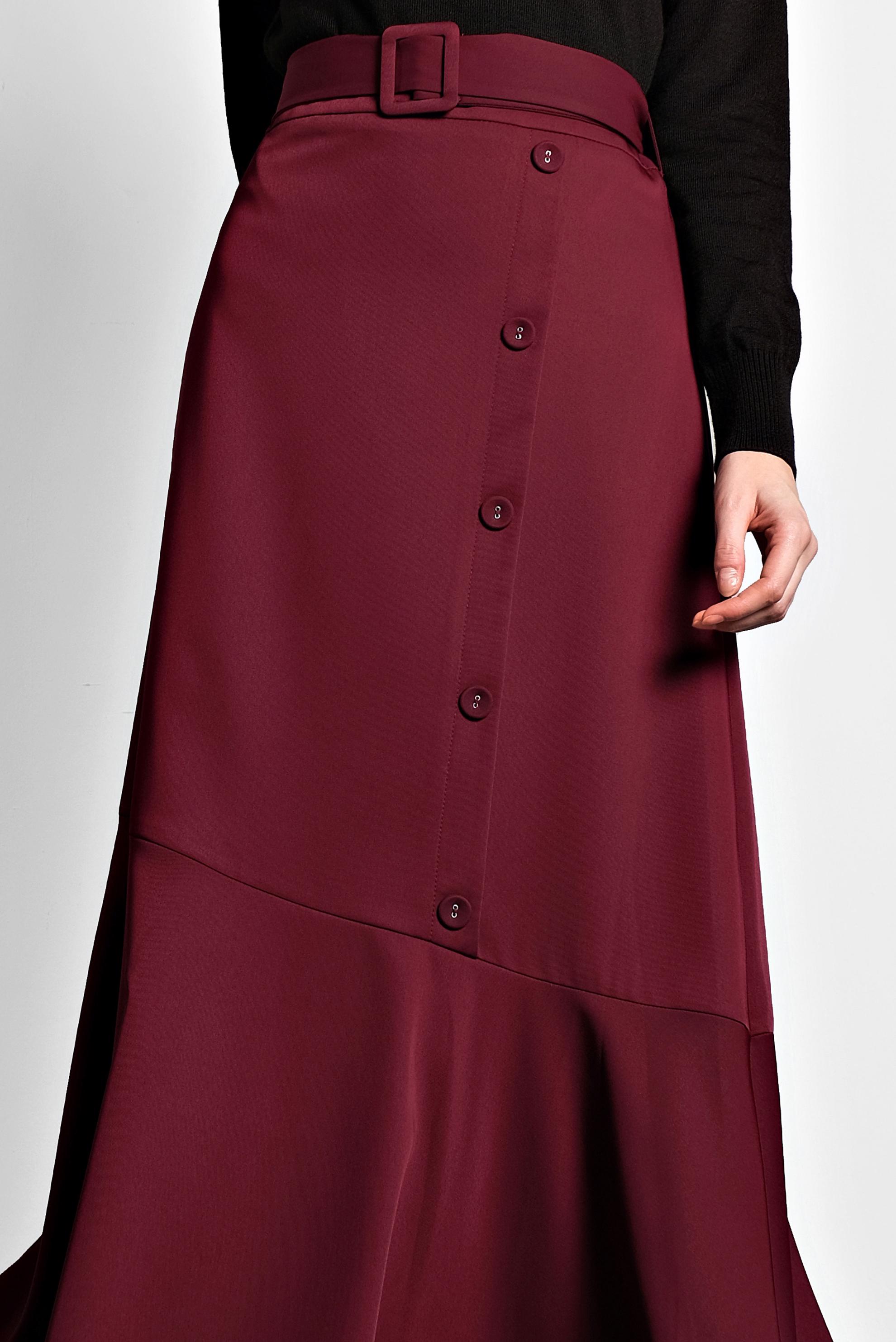 Tesettür giyim BORDO ASİMETRİK KESİM VOLANLI KEMERLİ ETEK 60002