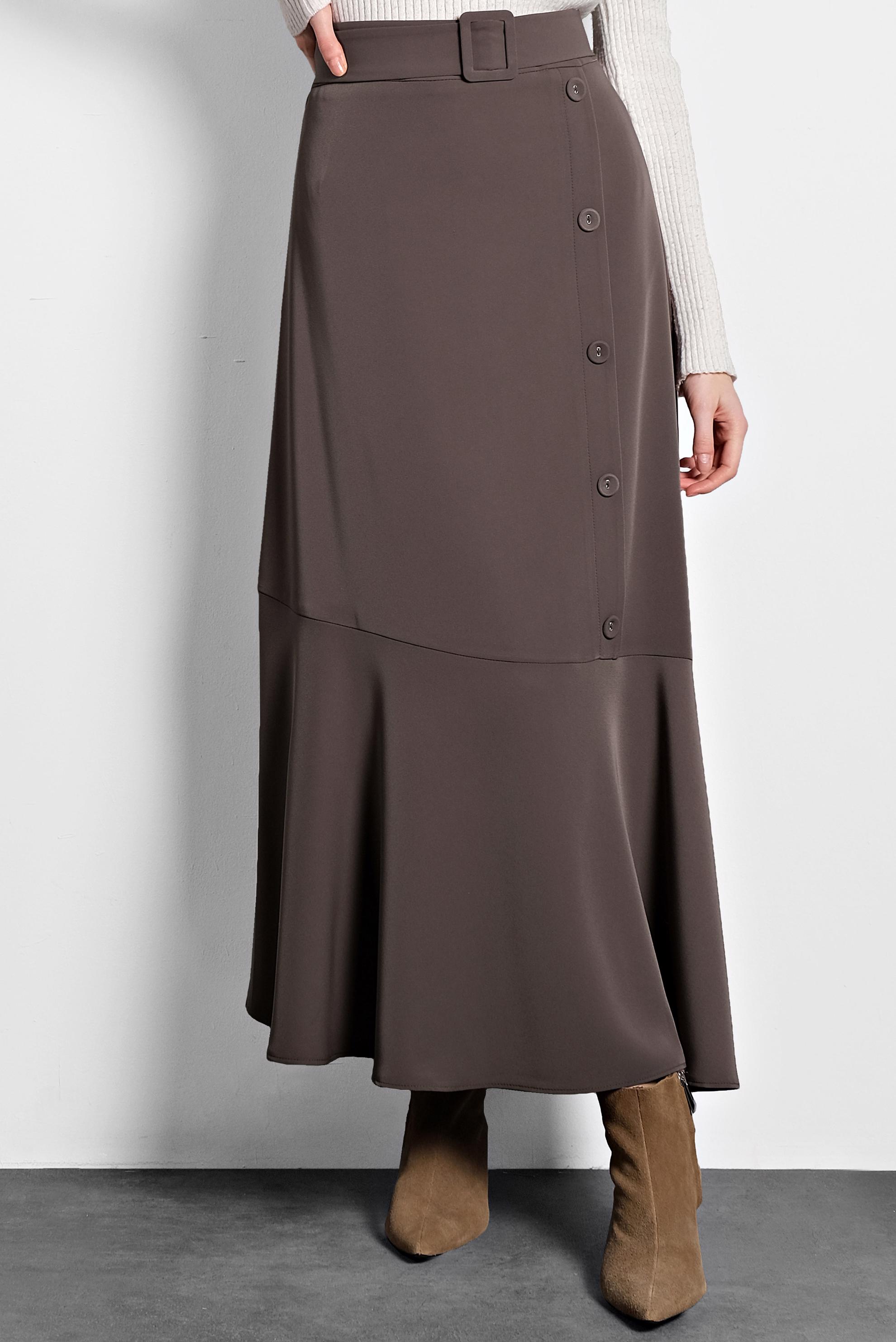 Tesettür giyim VİZON ASİMETRİK KESİM VOLANLI KEMERLİ ETEK 60002