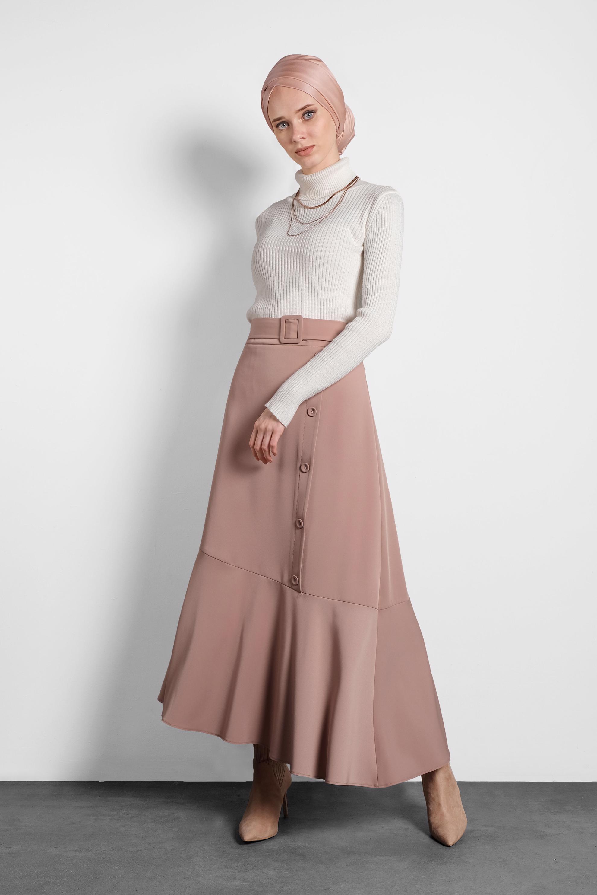 Tesettür giyim PUDRA ASİMETRİK KESİM VOLANLI KEMERLİ ETEK 60002