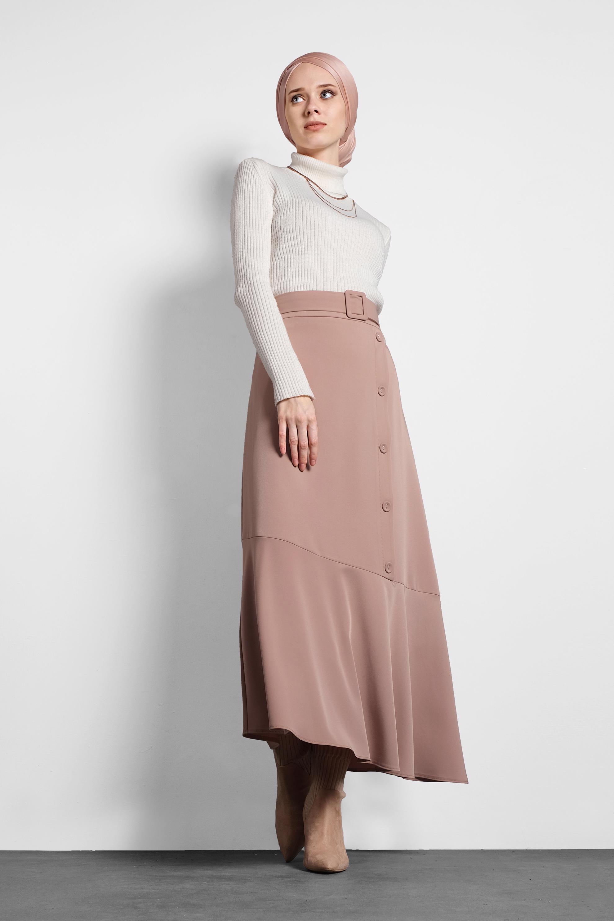 Tesettür giyim PUDRA ASİMETRİK KESİM VOLANLI KEMERLİ ETEK 60002
