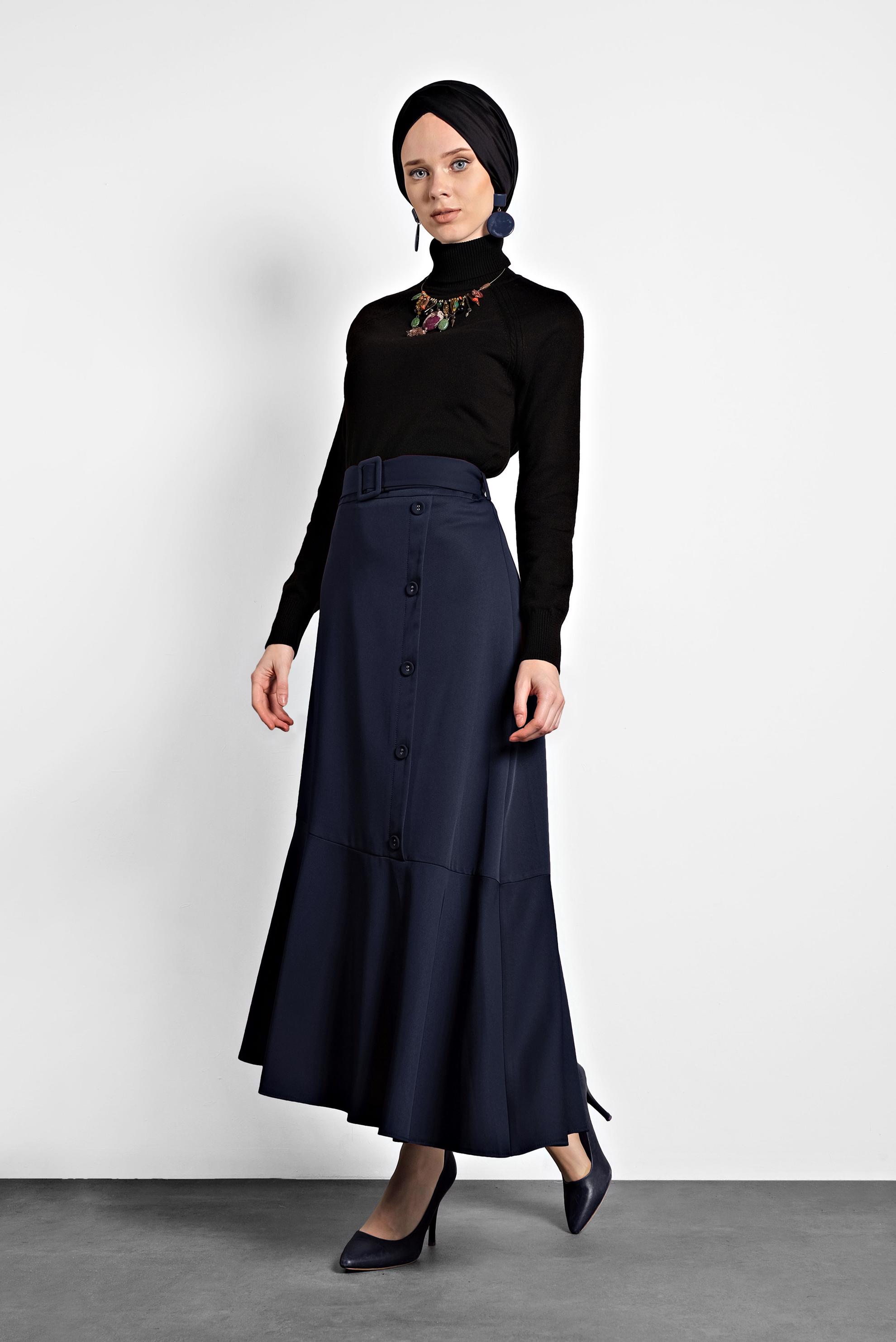 Hijab clothing NAVY BLUE ASYMMETRIC CUT FLOUNCED-HEM BUTTONED SKIRT 60002
