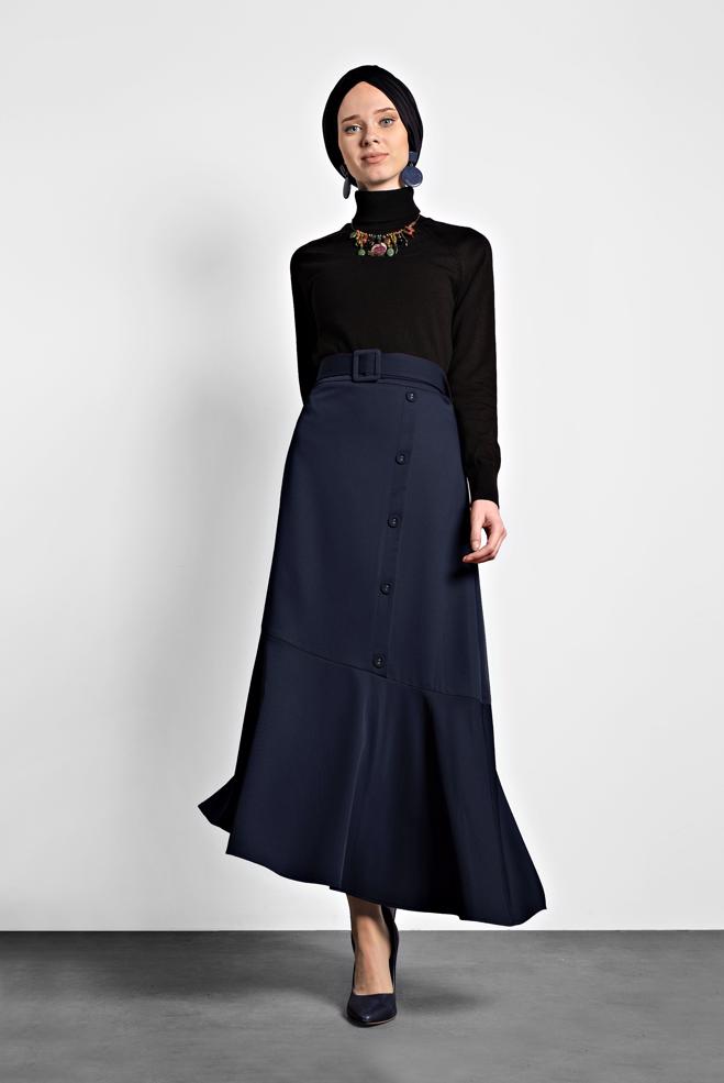 Tesettür giyim LACİVERT ASİMETRİK KESİM VOLANLI KEMERLİ ETEK 60002 - ALVİNA