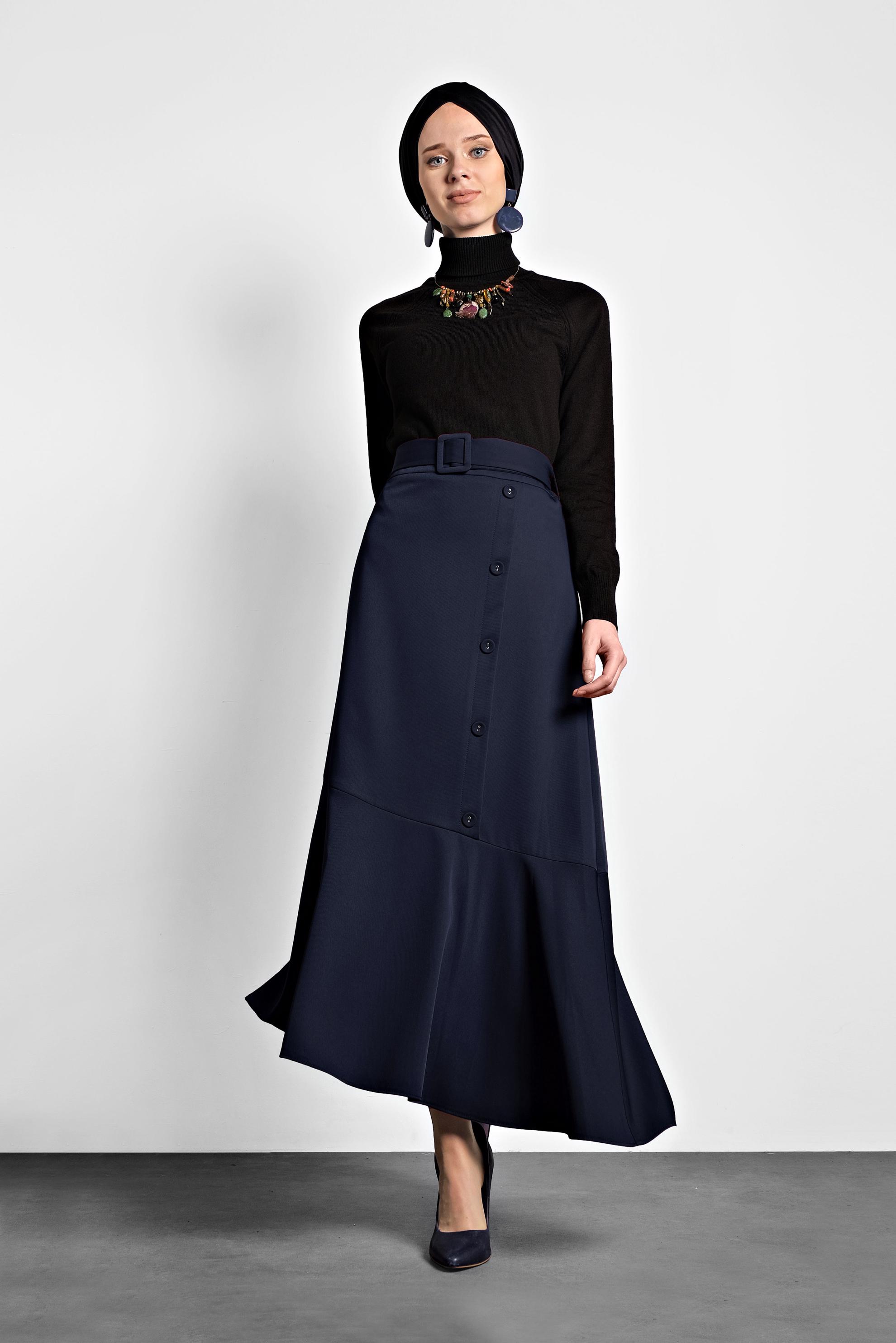 Hijab clothing NAVY BLUE ASYMMETRIC CUT FLOUNCED-HEM BUTTONED SKIRT 60002
