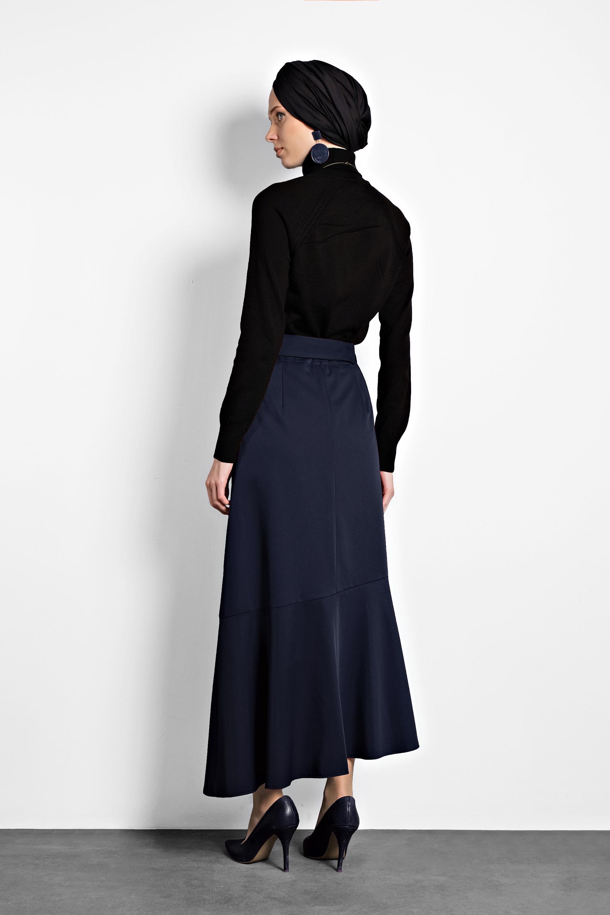 Hijab clothing NAVY BLUE ASYMMETRIC CUT FLOUNCED-HEM BUTTONED SKIRT 60002