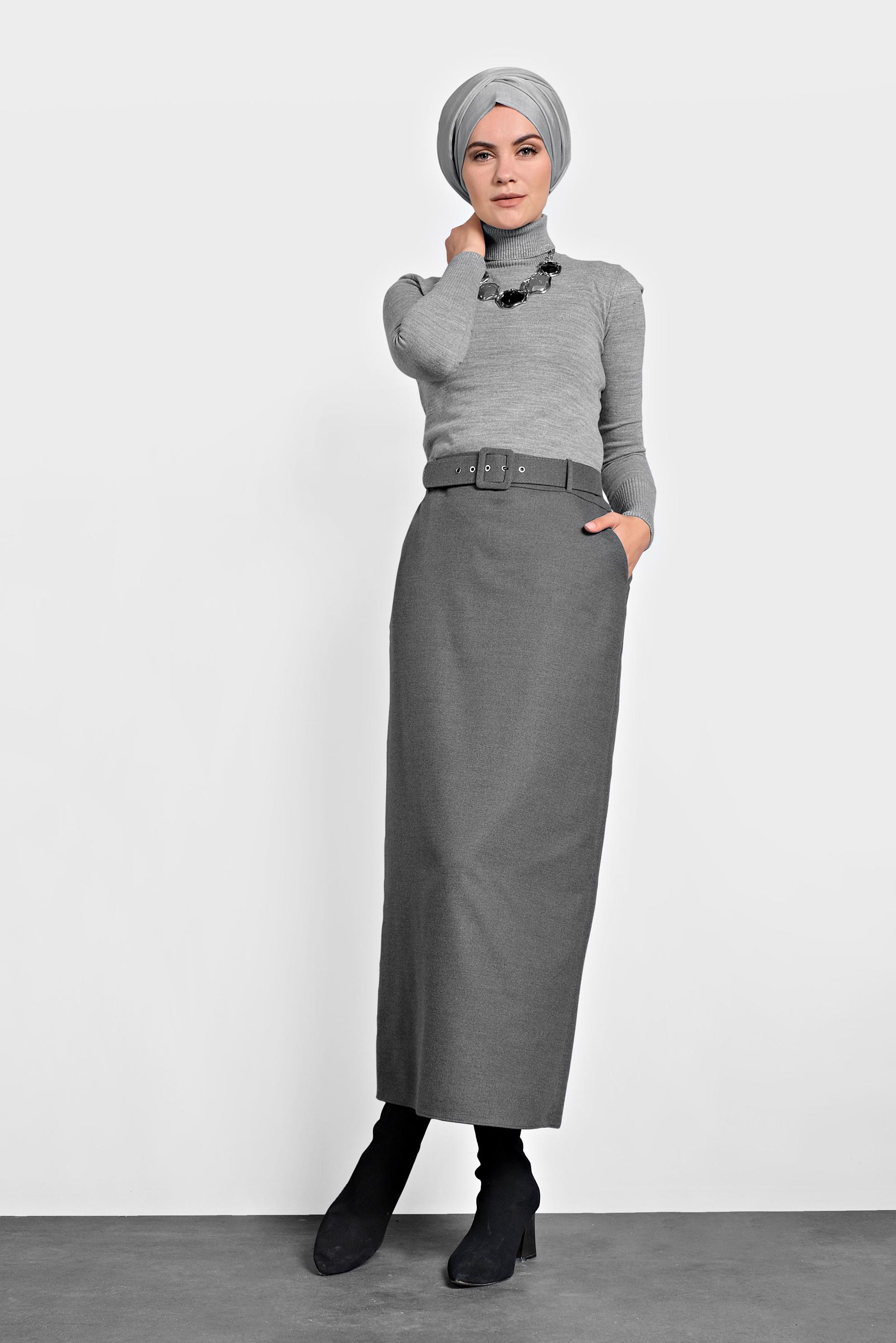 Tesettür giyim GRİ DÜZ KESİM ETEK 60003