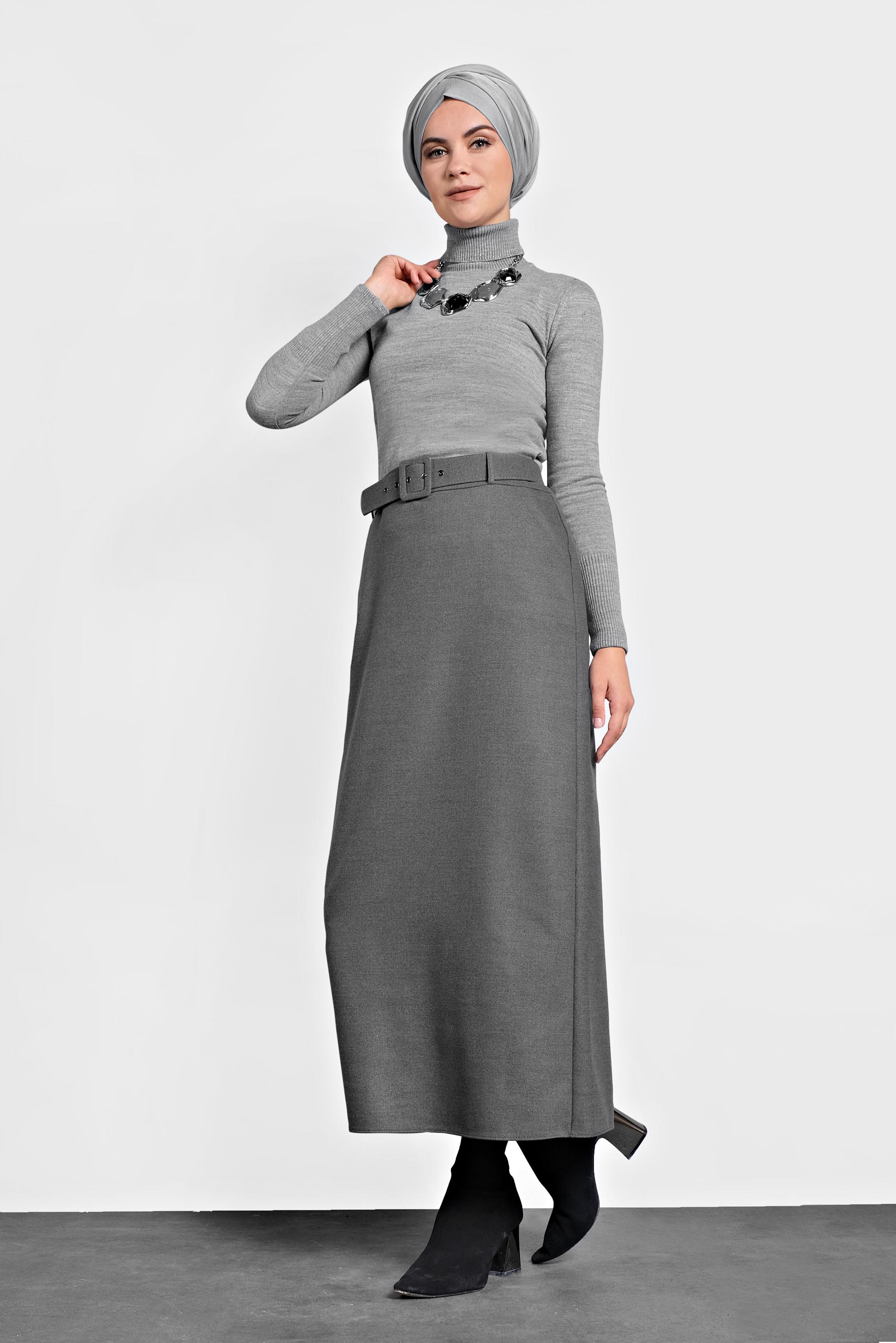 Tesettür giyim GRİ DÜZ KESİM ETEK 60003