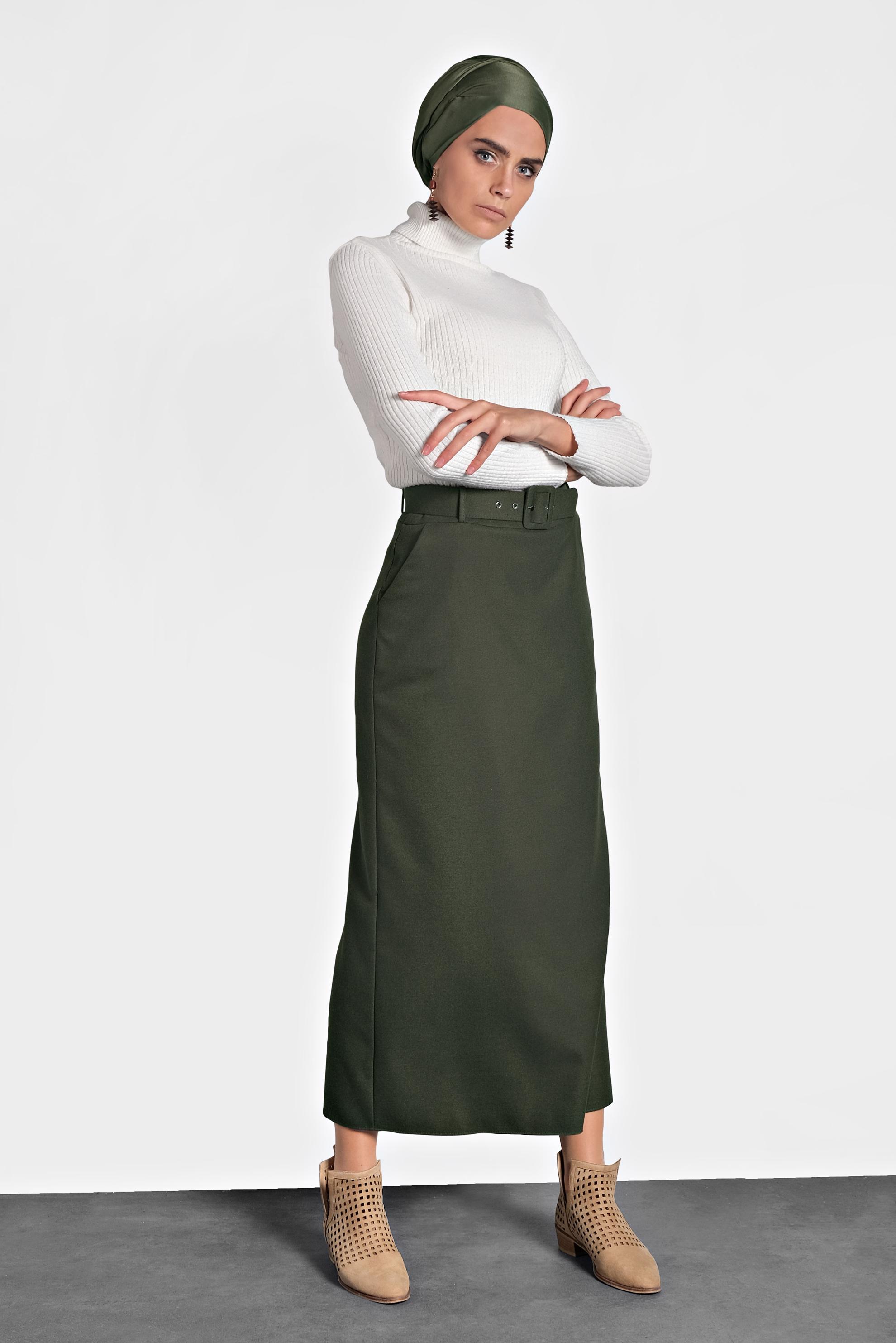 Tesettür giyim HAKİ DÜZ KESİM ETEK 60003