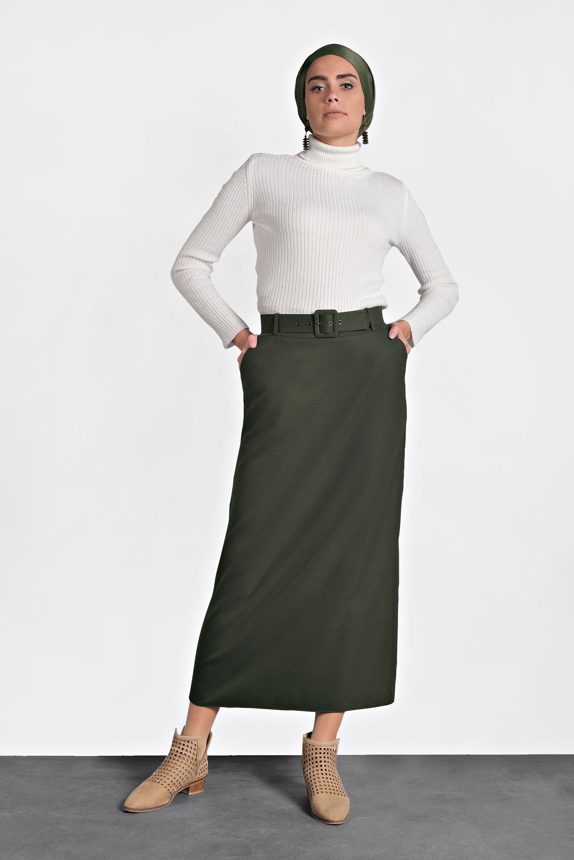 Tesettür giyim HAKİ DÜZ KESİM ETEK 60003