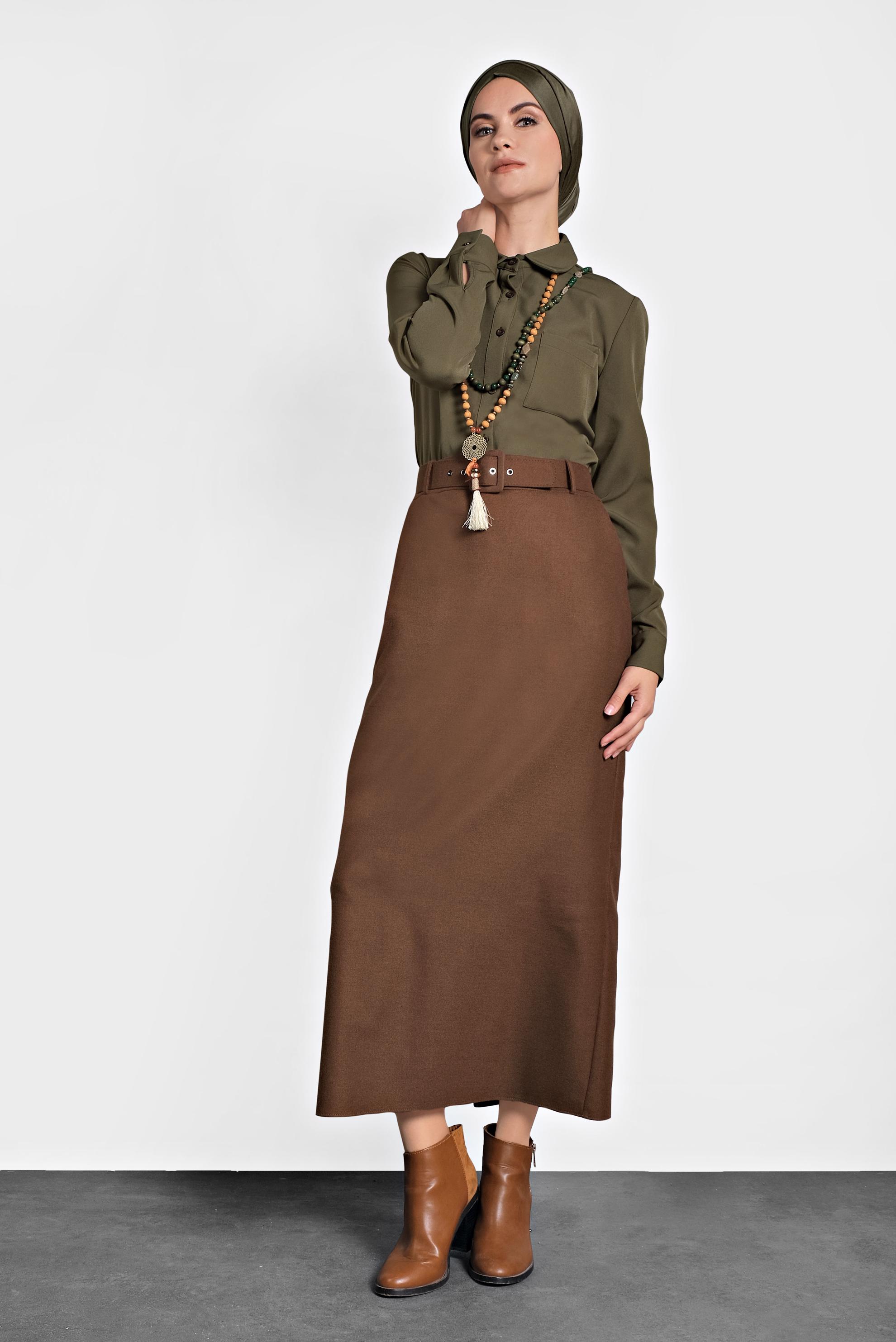 Tesettür giyim KAHVE DÜZ KESİM ETEK 60003