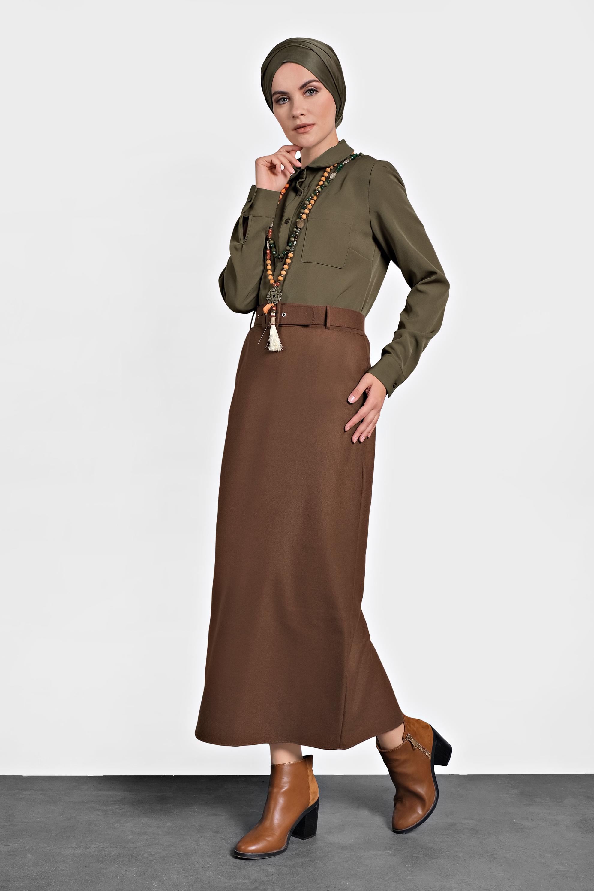 Tesettür giyim KAHVE DÜZ KESİM ETEK 60003