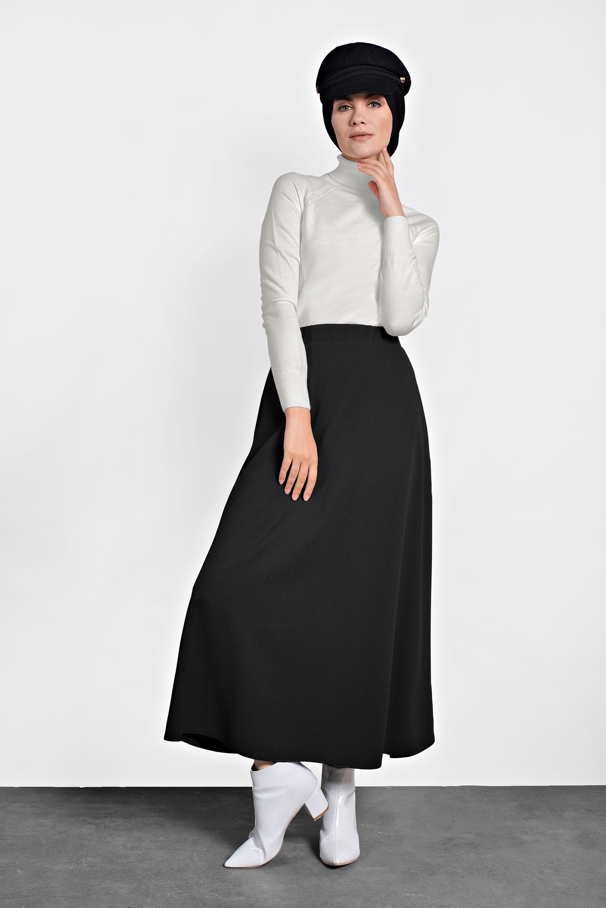Tesettür giyim SİYAH BELİ LASTİKLİ A KESİM ETEK 60004 