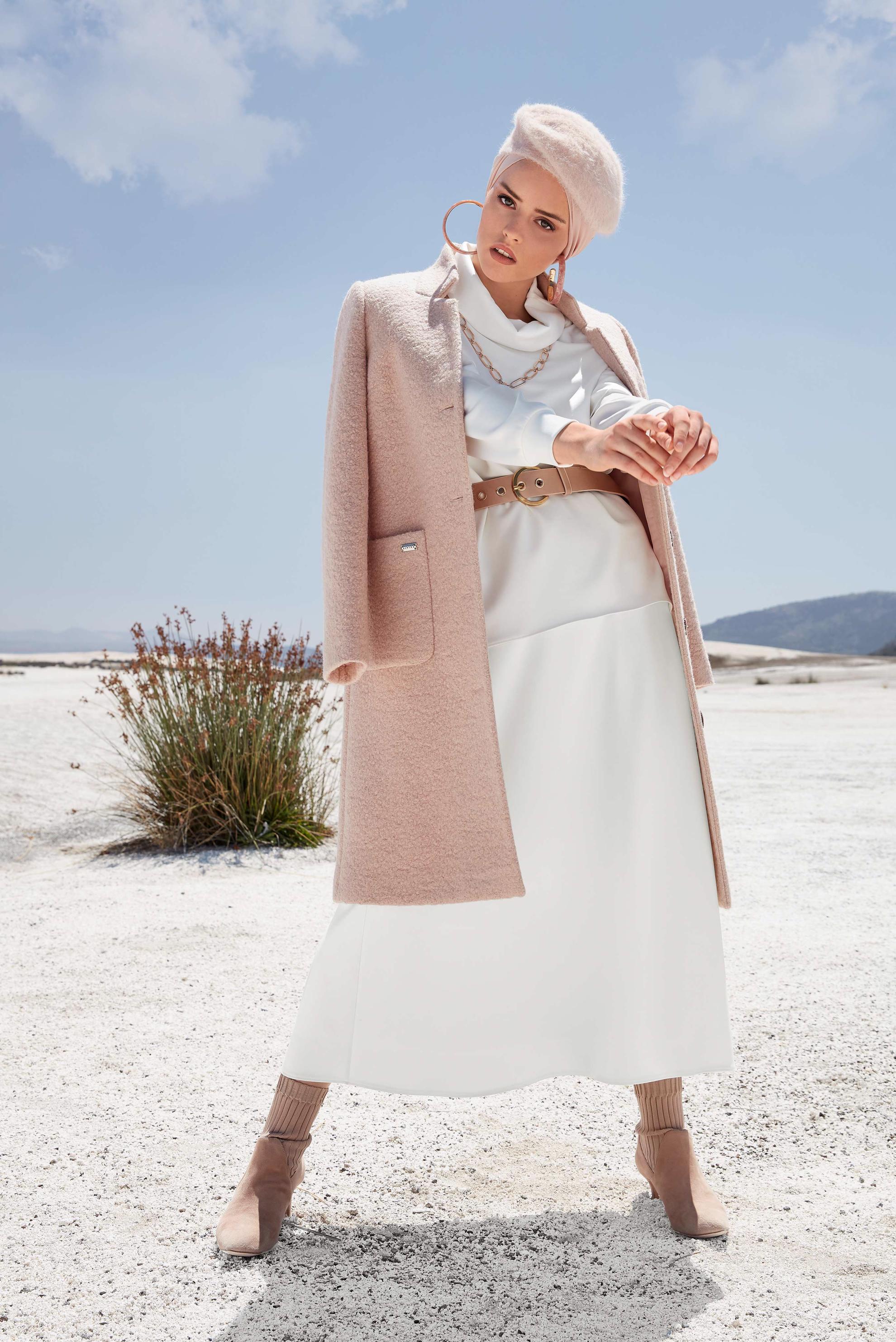 Tesettür giyim BEYAZ BELİ LASTİKLİ A KESİM ETEK 60004 