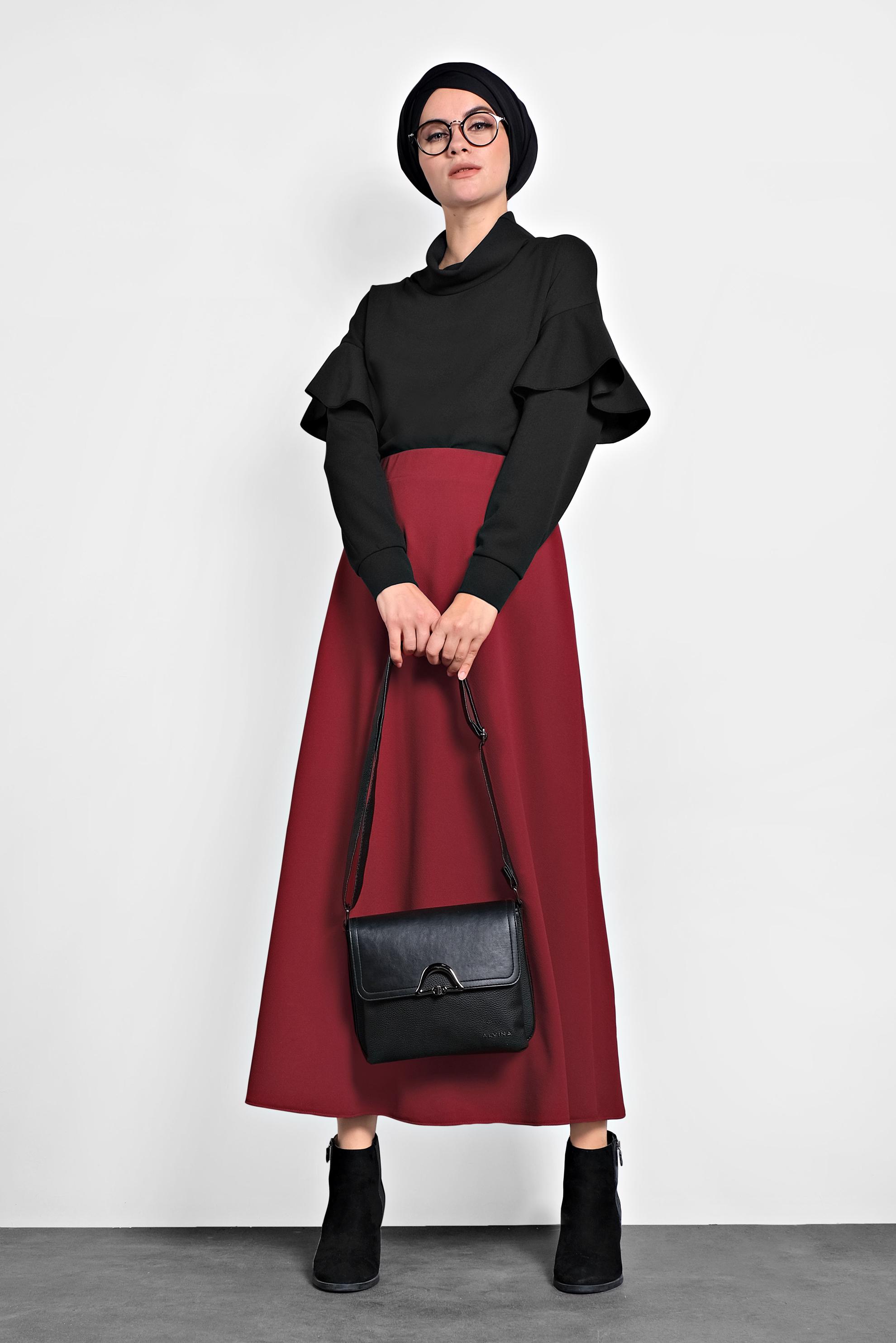 Tesettür giyim KIRMIZI BELİ LASTİKLİ A KESİM ETEK 60004 