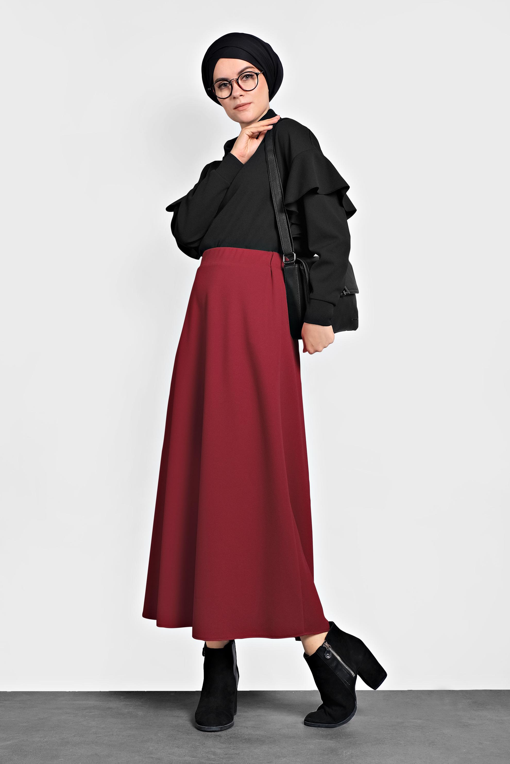 Tesettür giyim KIRMIZI BELİ LASTİKLİ A KESİM ETEK 60004 