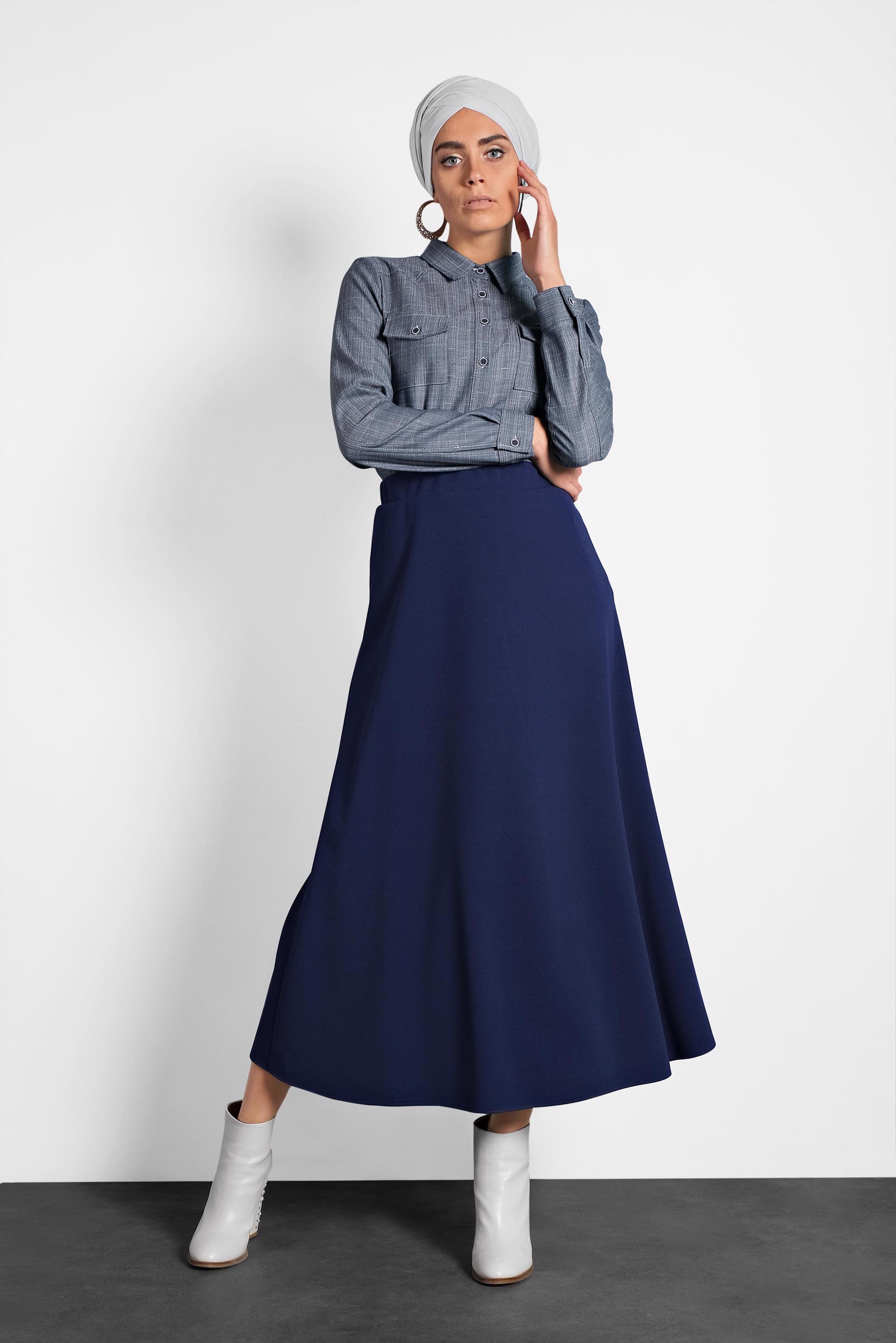 Tesettür giyim LACİVERT BELİ LASTİKLİ A KESİM ETEK 60004 