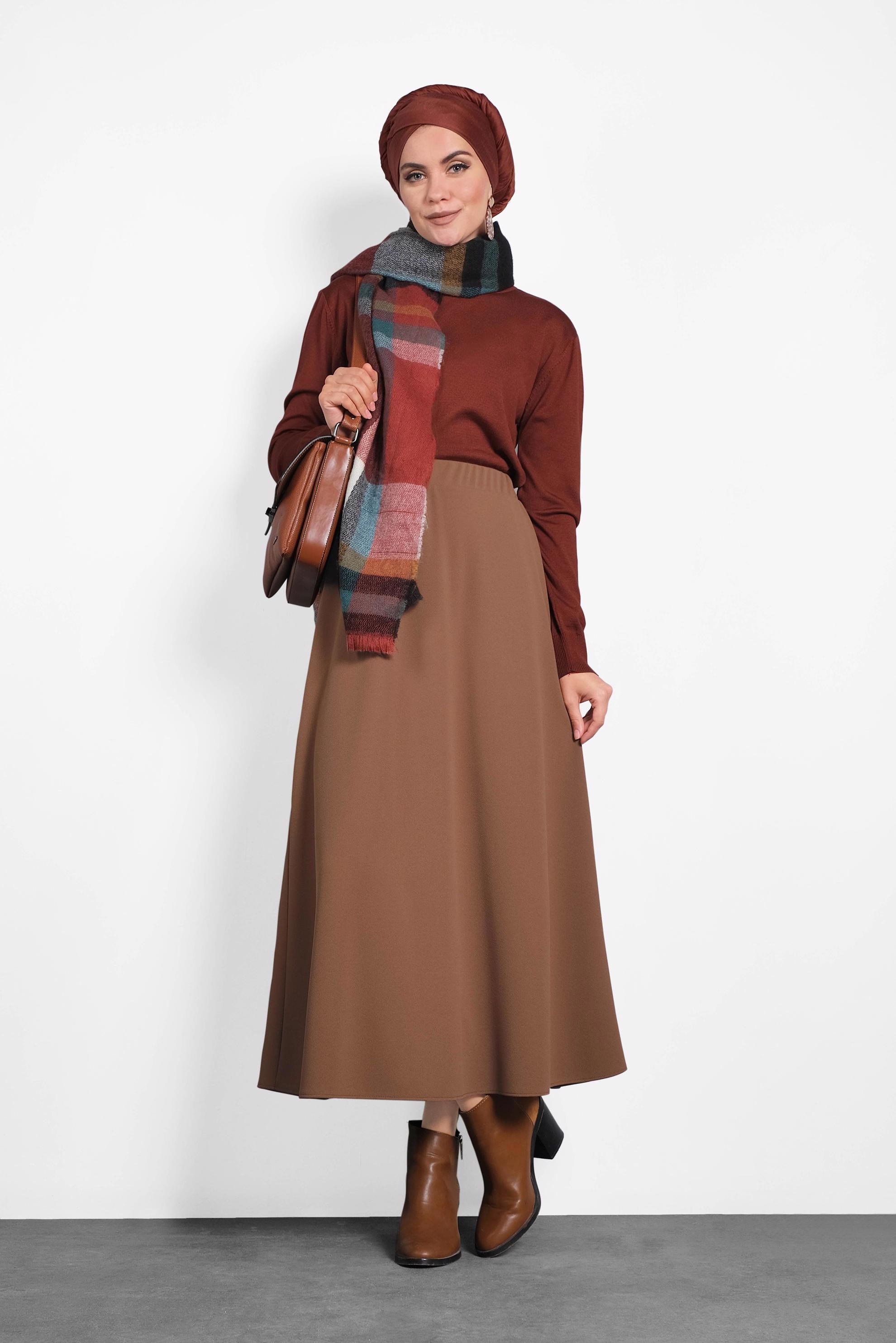 Tesettür giyim KAHVE BELİ LASTİKLİ A KESİM ETEK 60004 