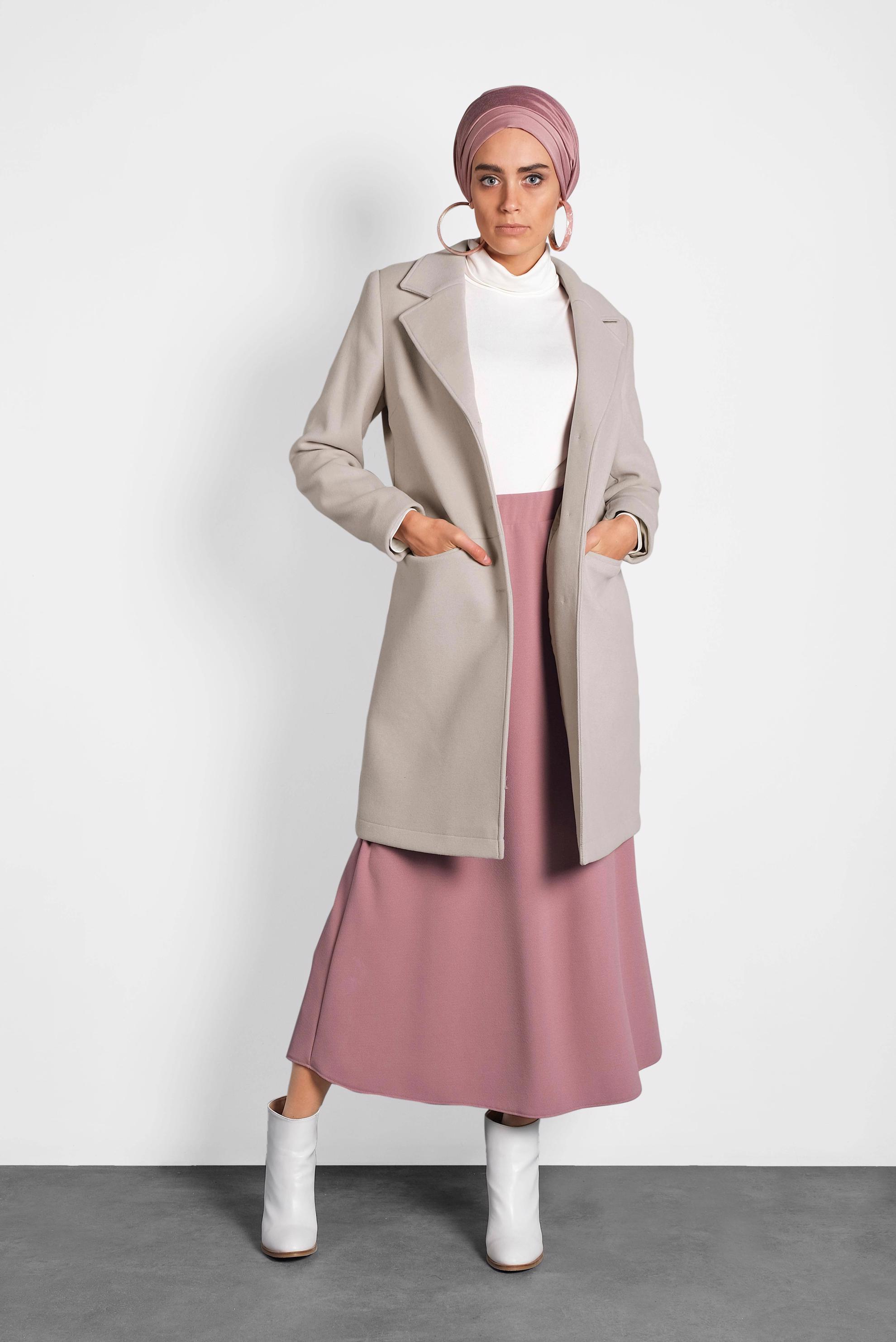 Tesettür giyim PEMBE BELİ LASTİKLİ A KESİM ETEK 60004 