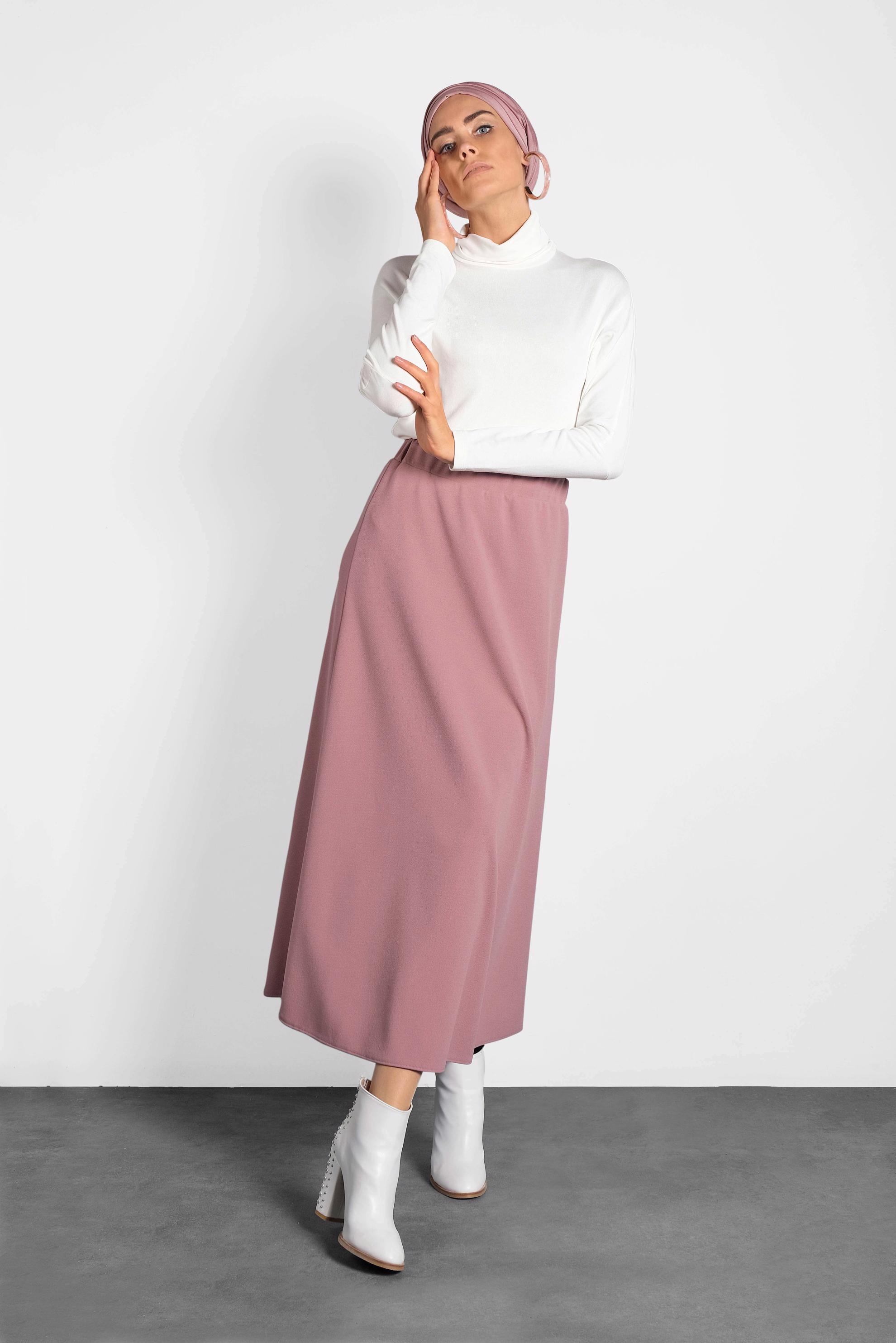 Tesettür giyim PEMBE BELİ LASTİKLİ A KESİM ETEK 60004 