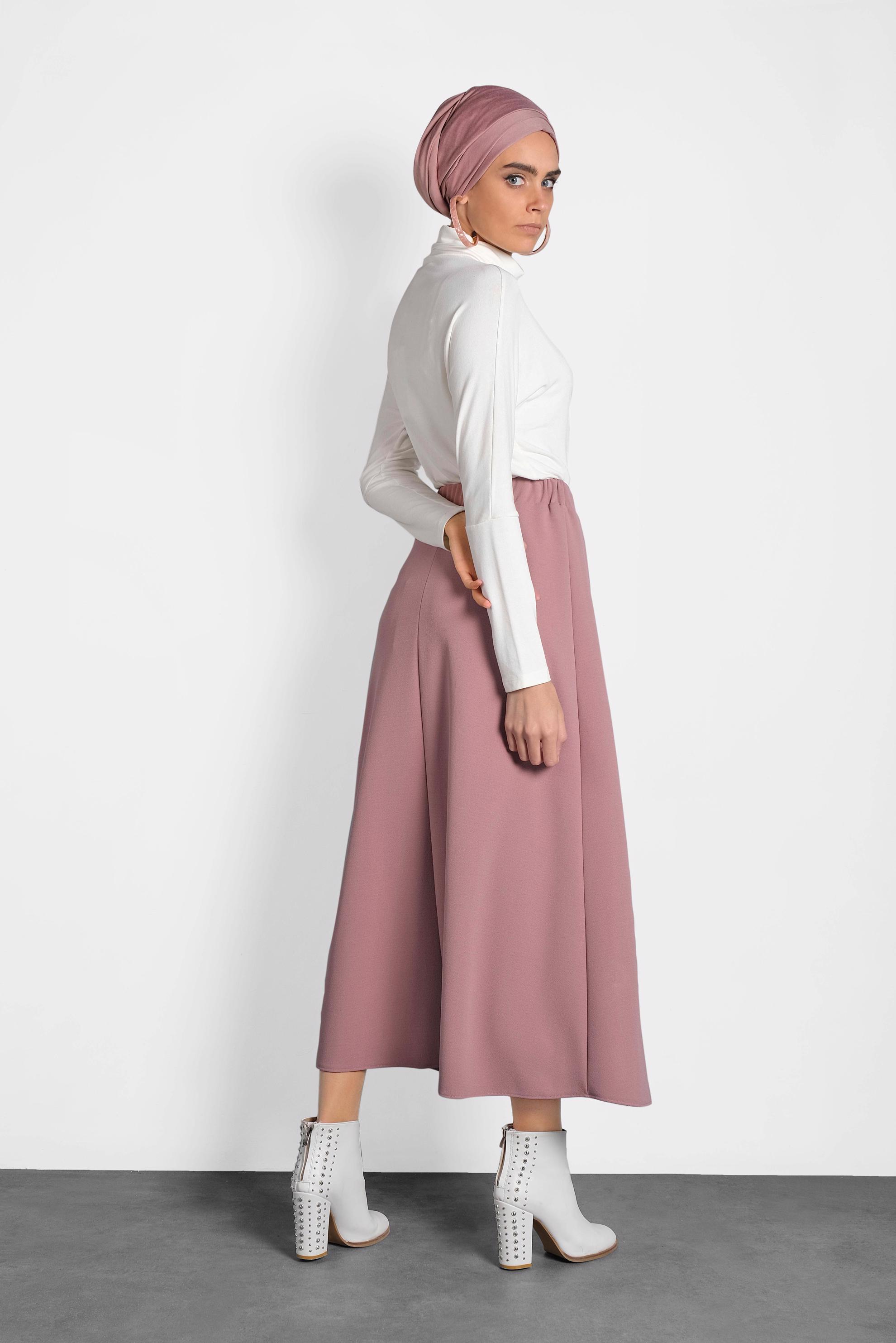 Tesettür giyim PEMBE BELİ LASTİKLİ A KESİM ETEK 60004 