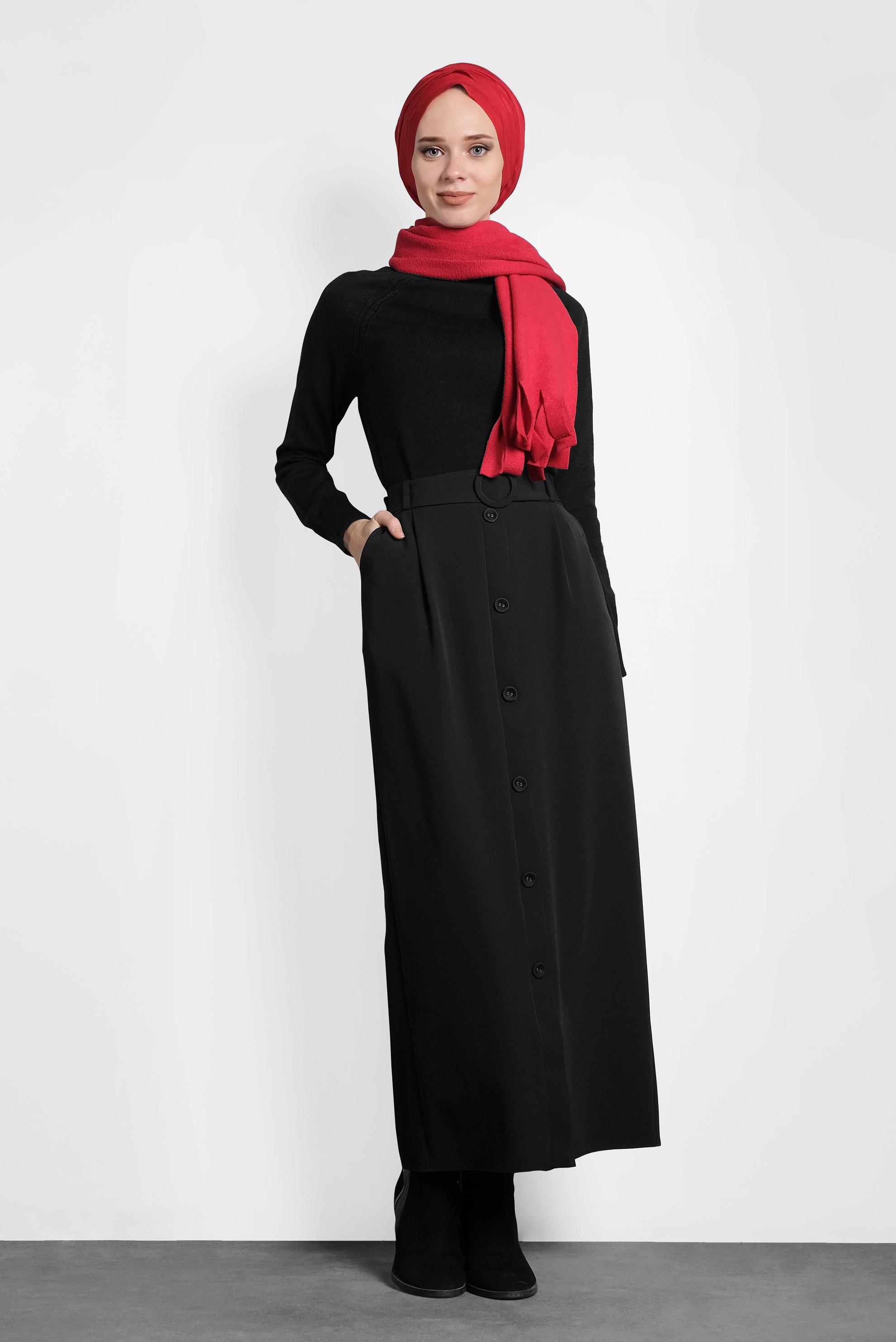 Tesettür giyim SİYAH DÜĞMELİ KEMERLİ ETEK 60007