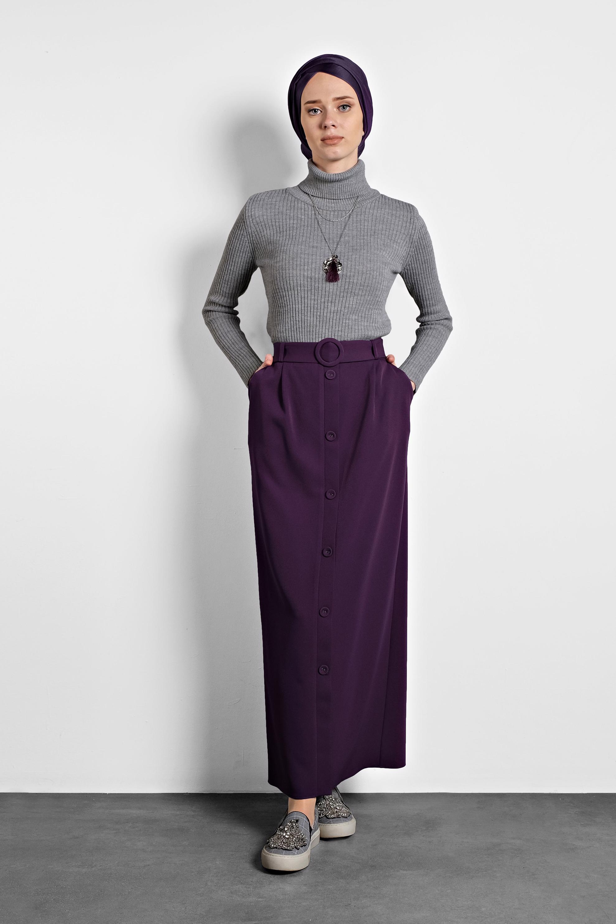 Tesettür giyim MOR DÜĞMELİ KEMERLİ ETEK 60007