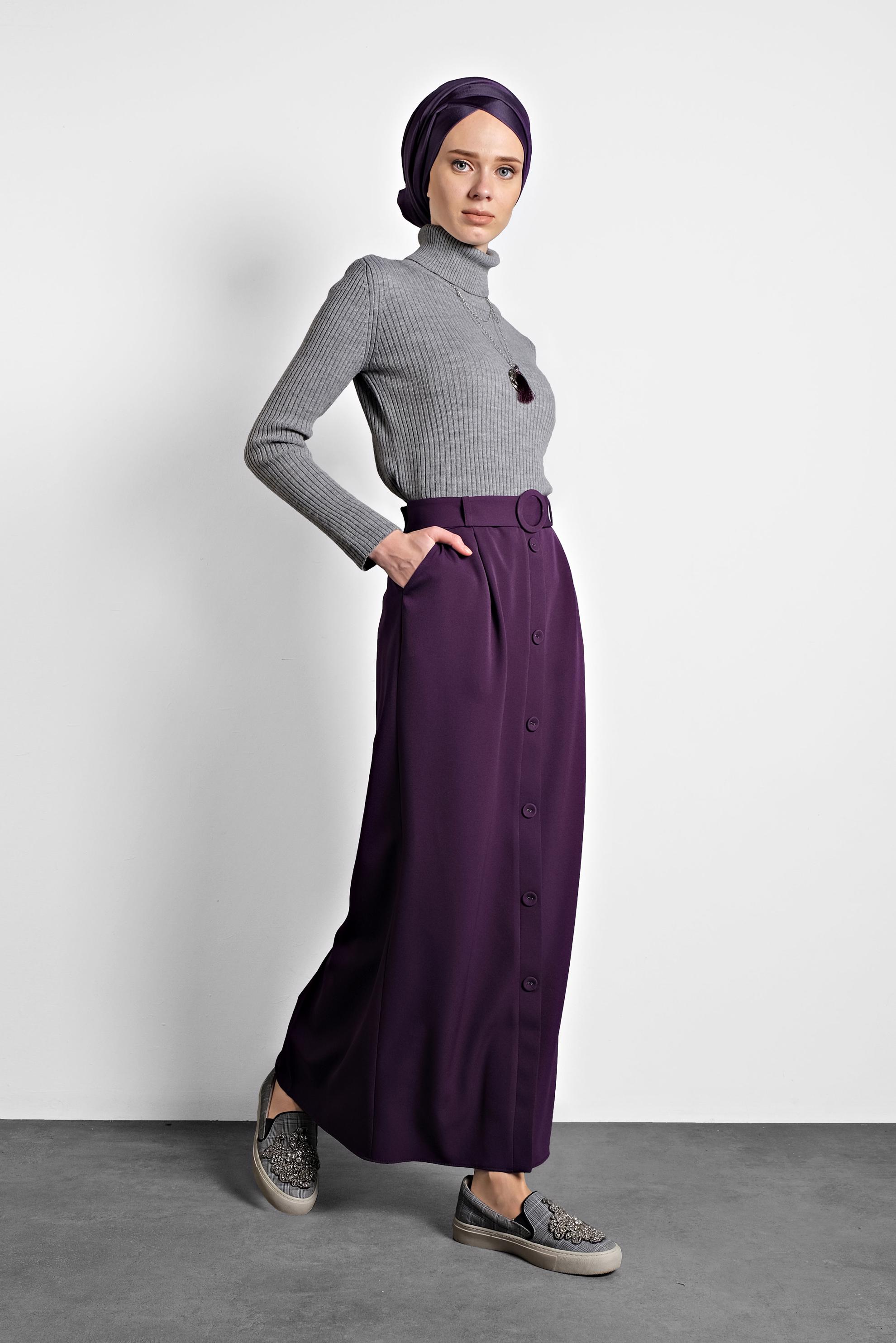 Tesettür giyim MOR DÜĞMELİ KEMERLİ ETEK 60007