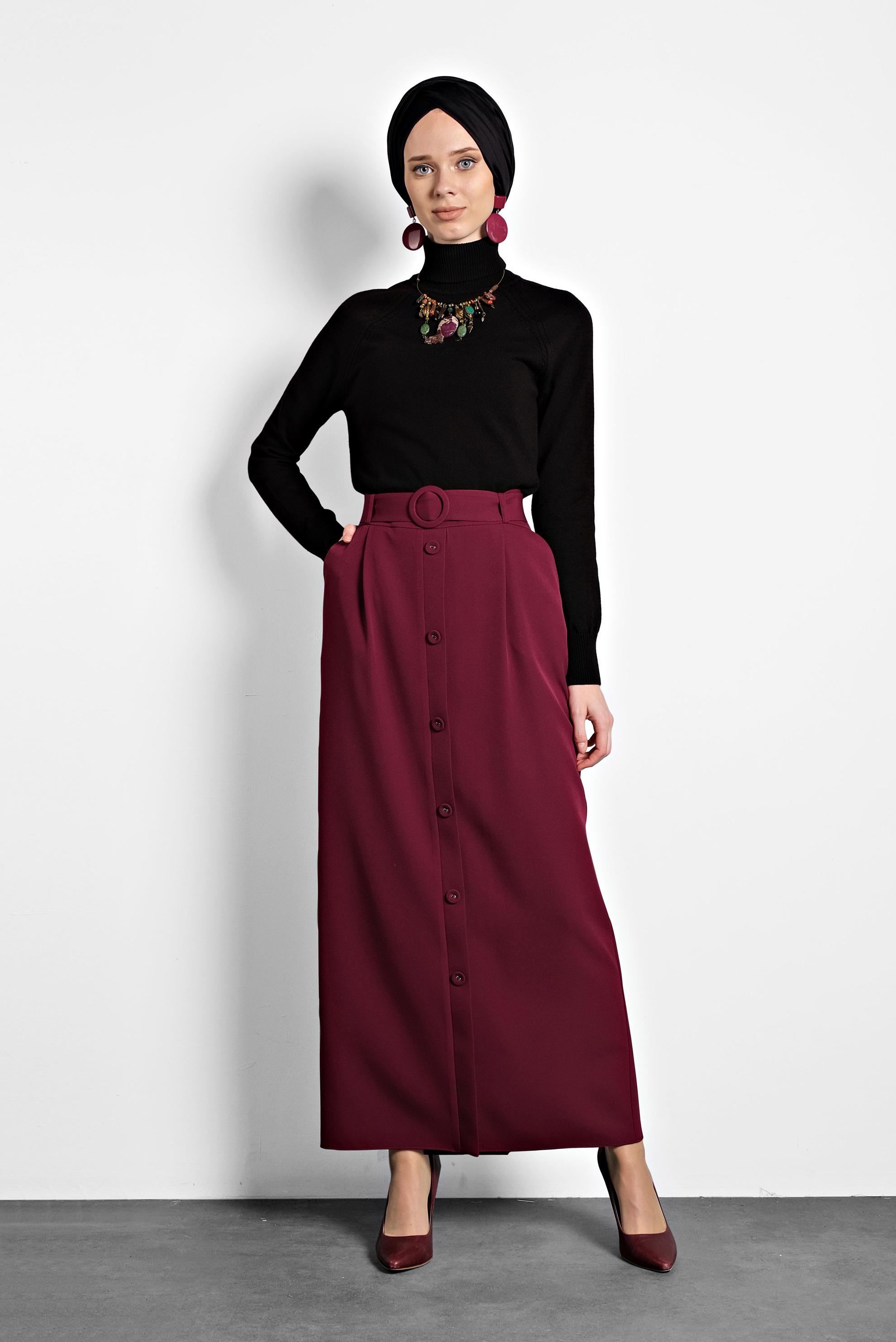 Tesettür giyim BORDO DÜĞMELİ KEMERLİ ETEK 60007