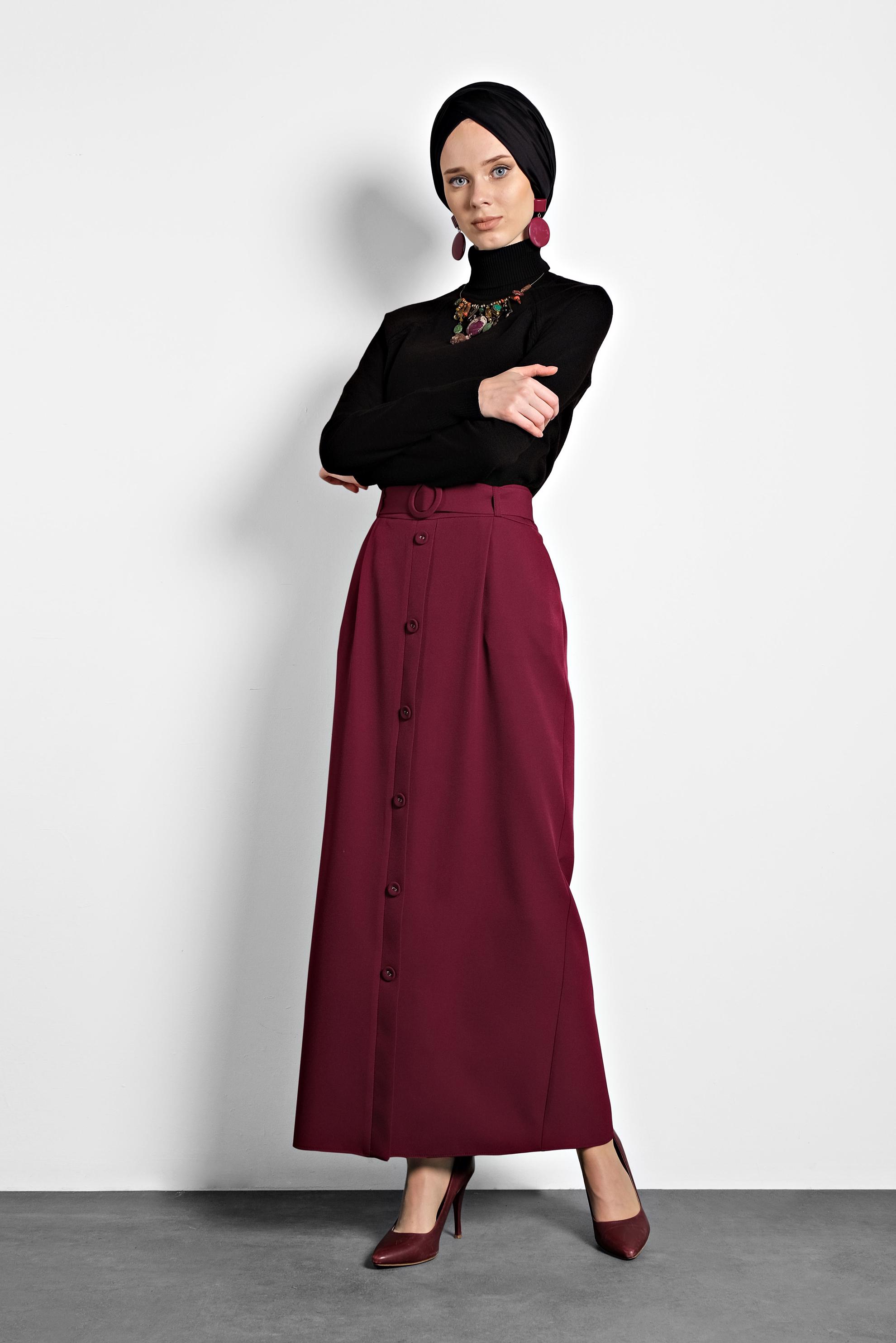 Tesettür giyim BORDO DÜĞMELİ KEMERLİ ETEK 60007