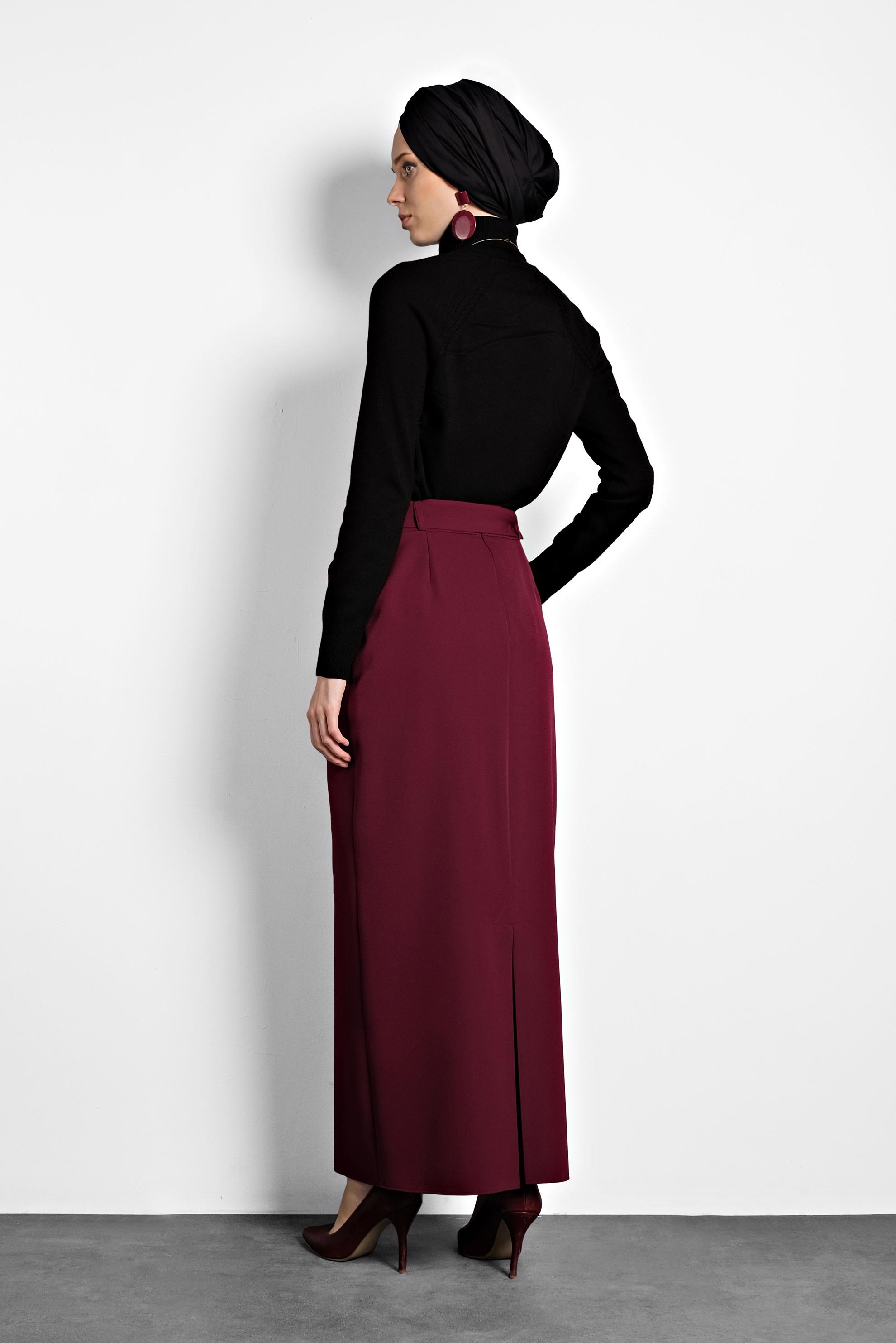 Tesettür giyim BORDO DÜĞMELİ KEMERLİ ETEK 60007