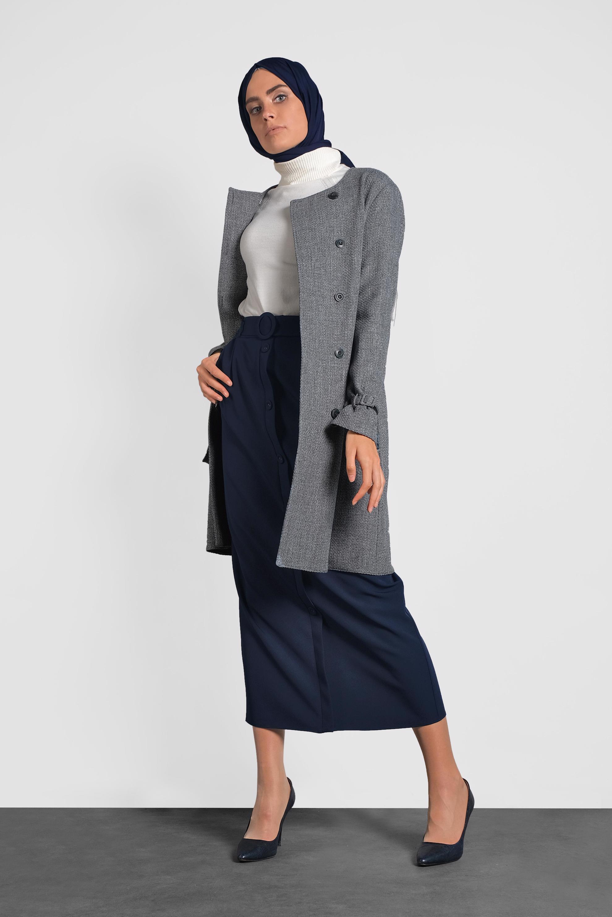 Tesettür giyim LACİVERT DÜĞMELİ KEMERLİ ETEK 60007